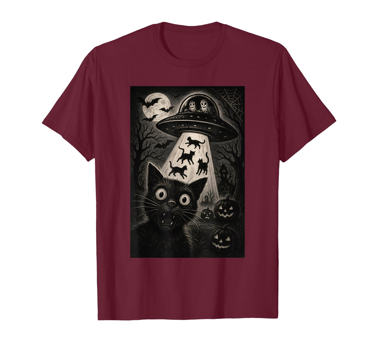 Halloween Cat Selfie Spooky Night Alien Abduction Cats UFO T-Shirt