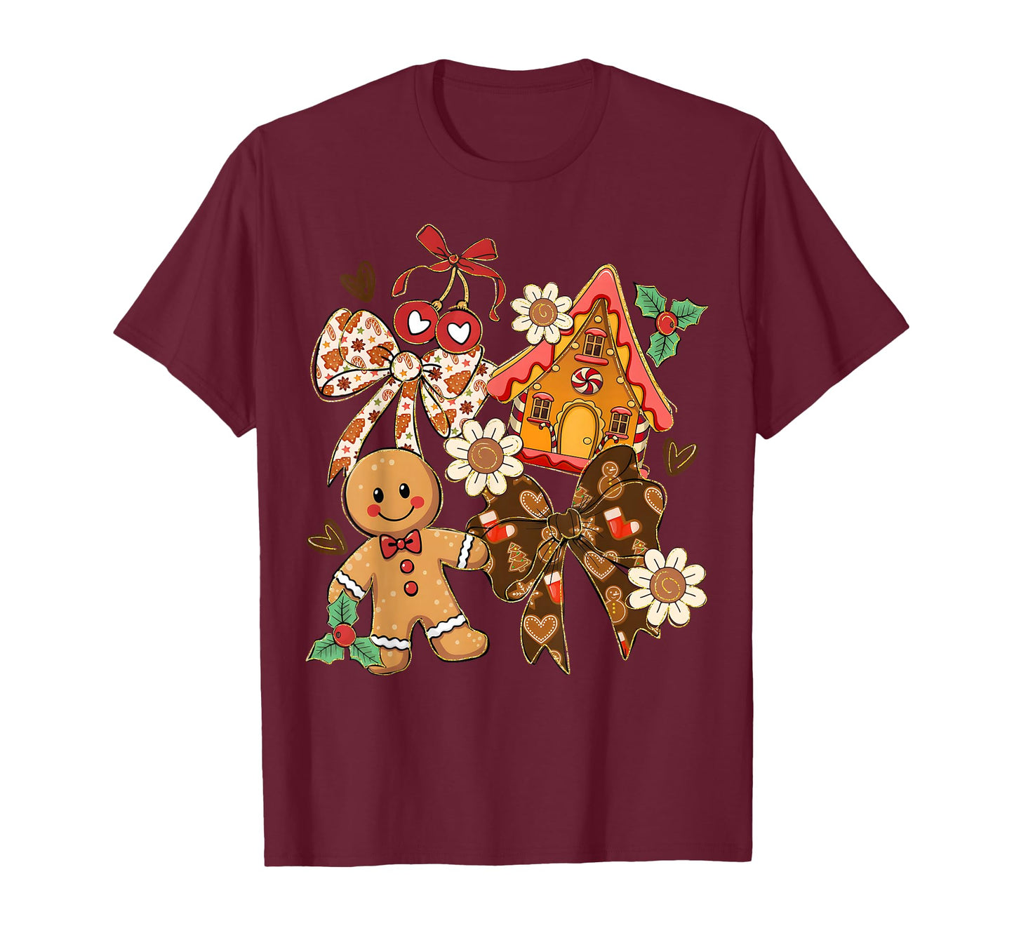 Preppy Christmas Gingerbread Coquette Bow Floral Xmas Pajama T-Shirt
