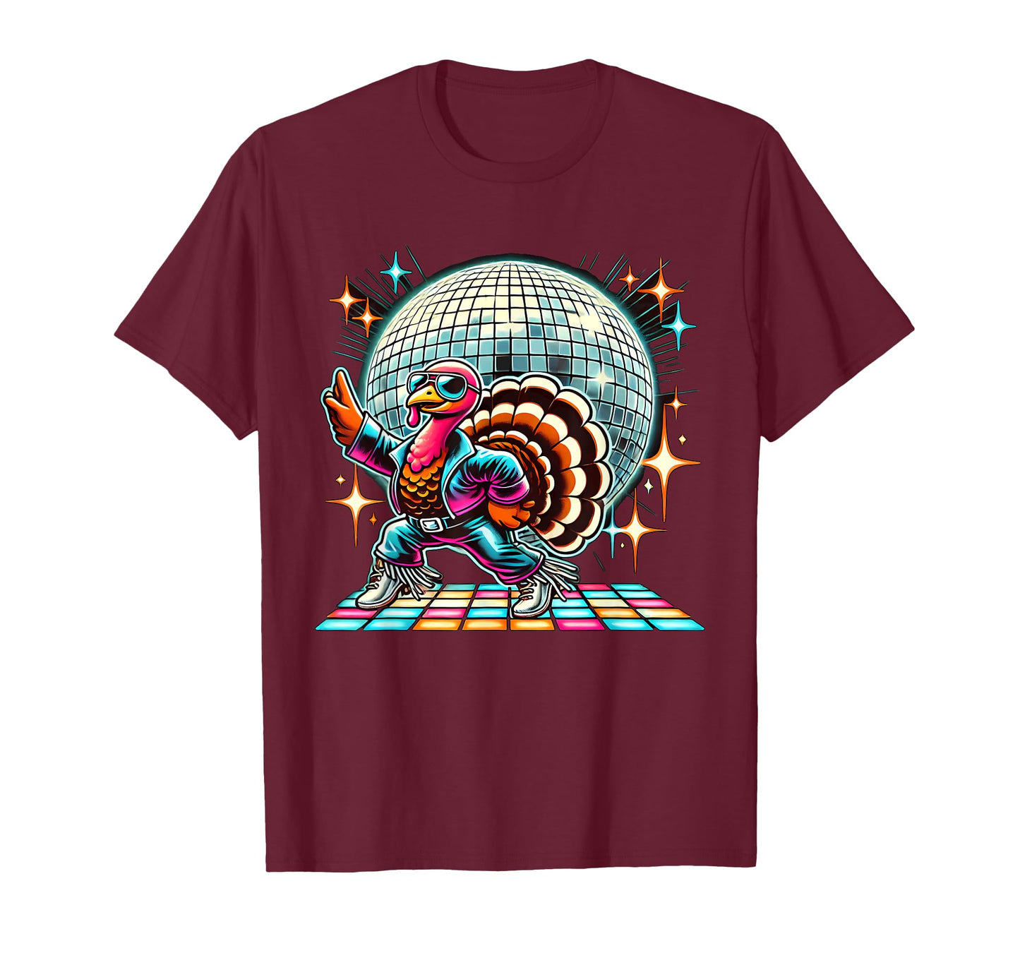 Disco Turkey Halloween Tees Unisex-Adult Black Cartoon Turkey Disco T-Shirt Small Straight Short Sleeve T-Shirt
