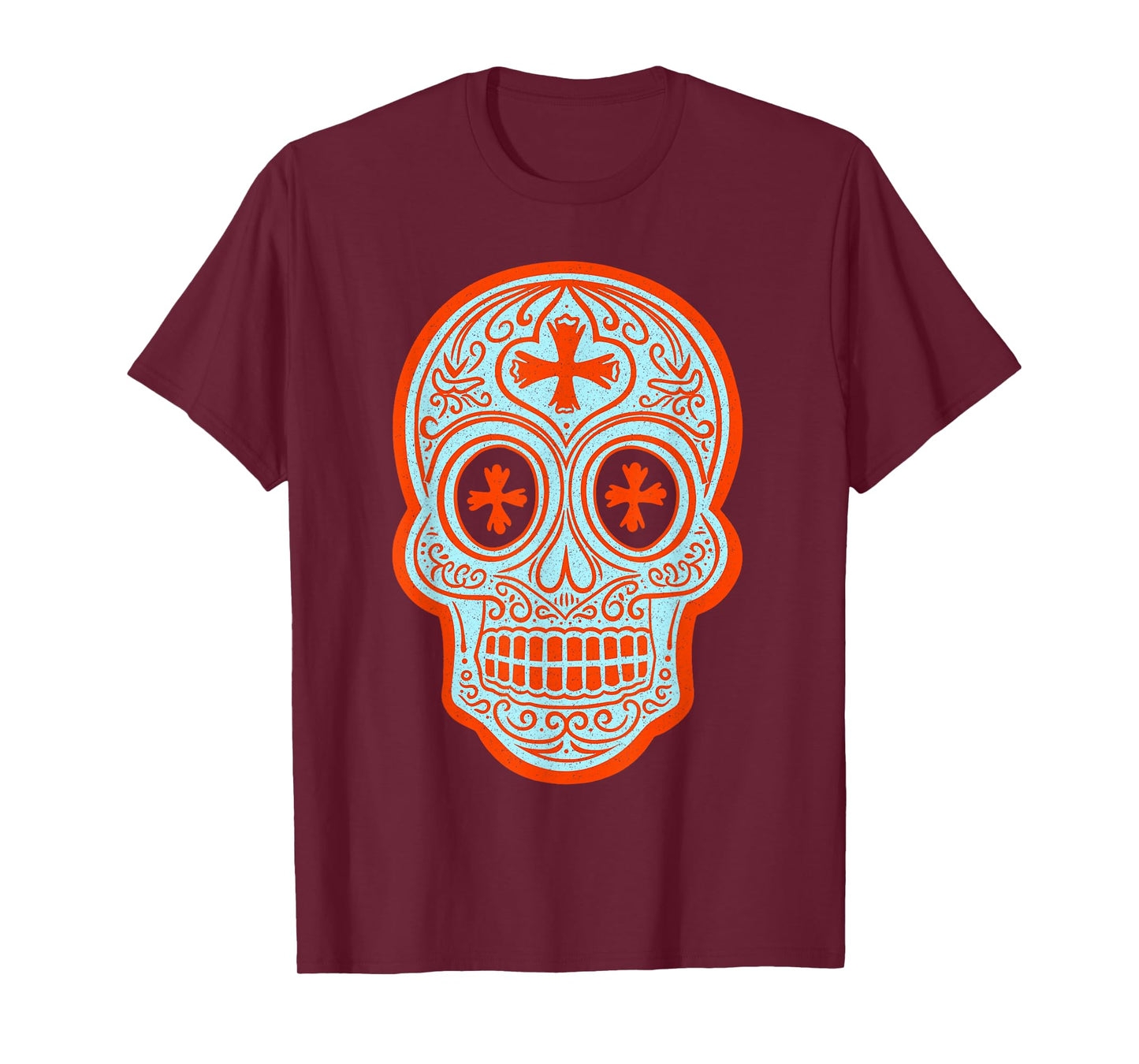 Vintage Calavera Sugar Skull Orange and Blue Design T-Shirt