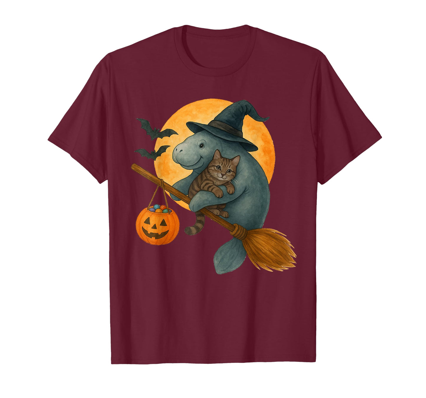 Funny Manatee Witch Hat Black Cat Pumpkin Halloween Costume T-Shirt