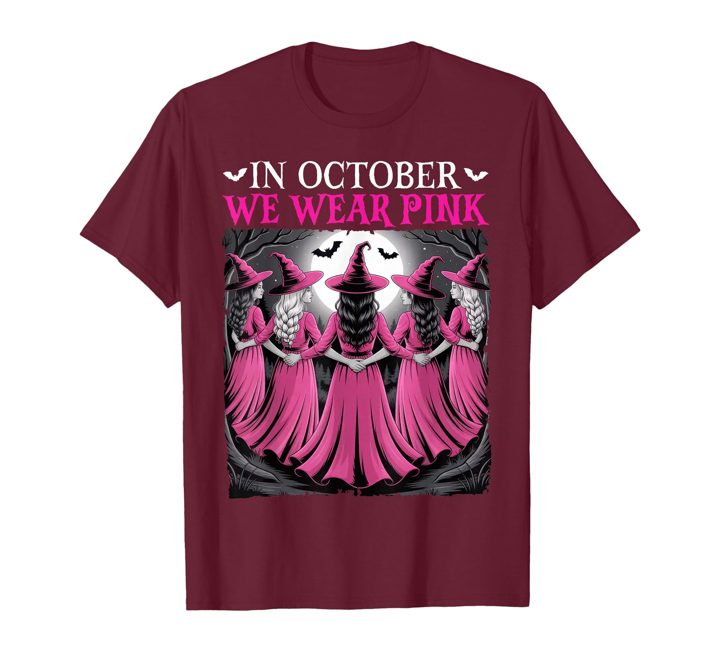 in October We Wear Pink Witch Halloween Breast Cancer Women T-Shirt