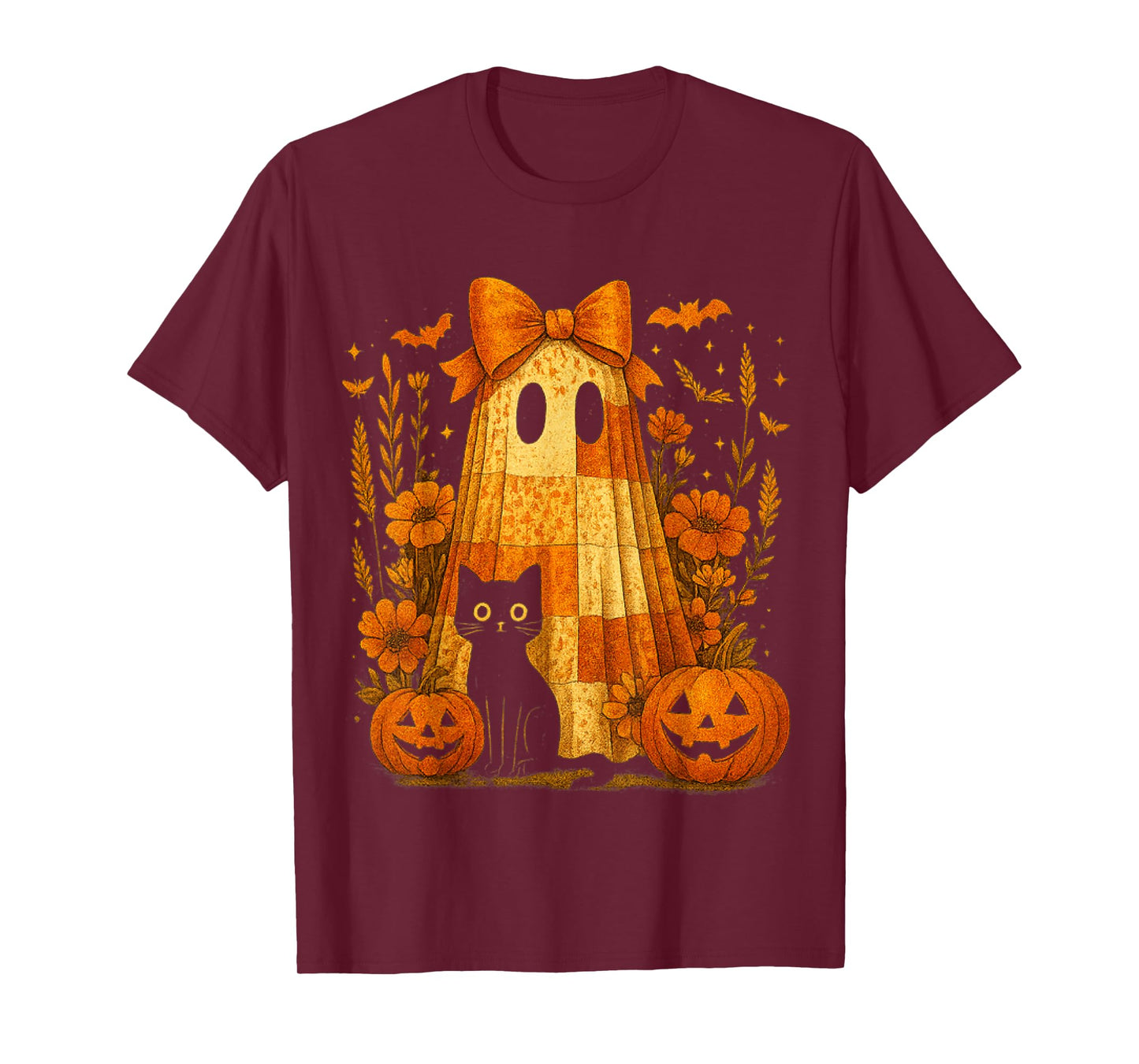 Vintage Halloween Ghost Black Cat Patchwork Floral Women Kid T-Shirt