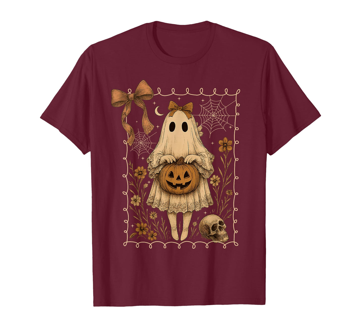 Ghost Floral Aesthetic Halloween Spooky Coquette Bow Girls T-Shirt