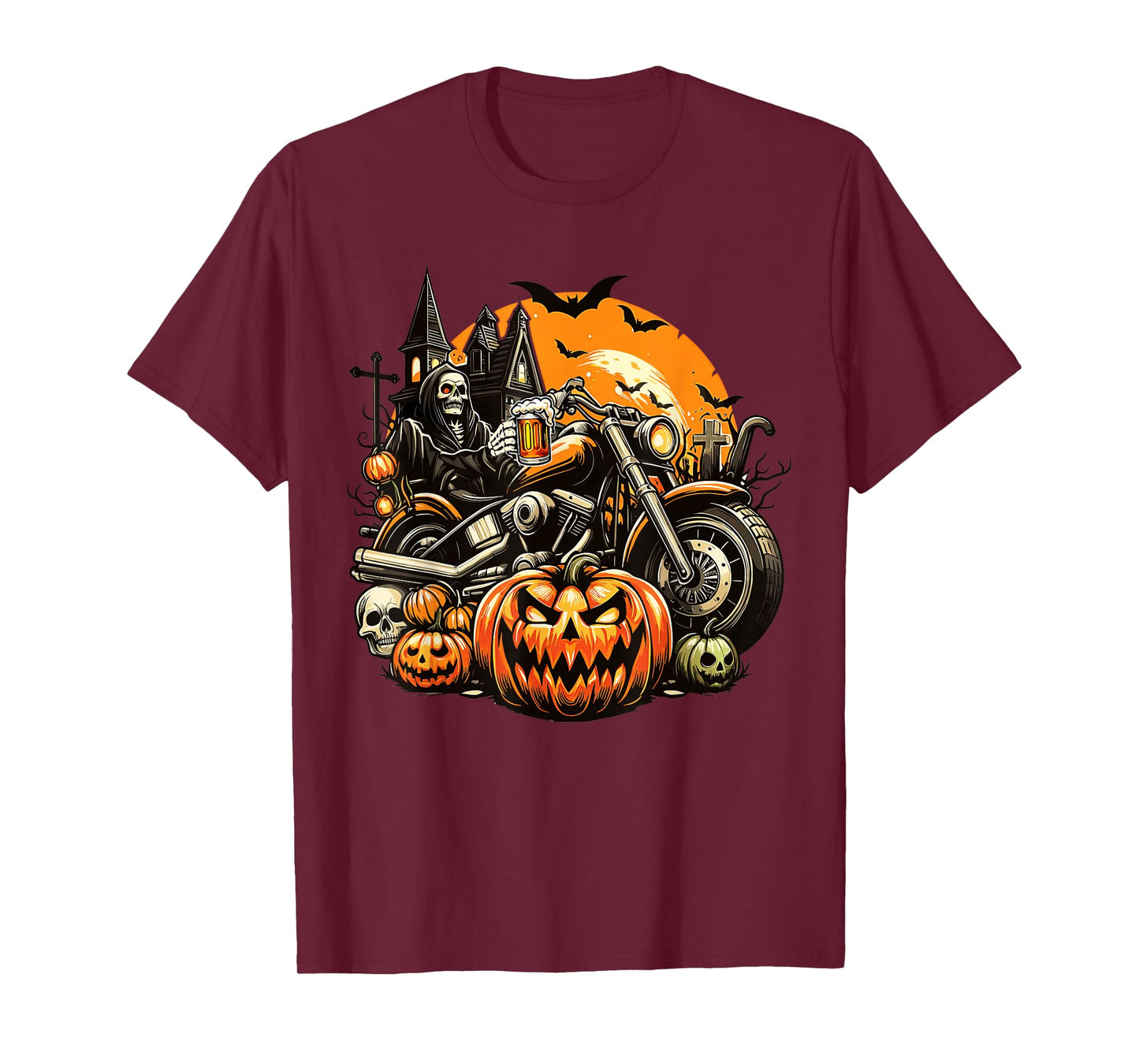 Skeleton Drinking Beer On Motorcycle Halloween Pumpkins T-Shirt