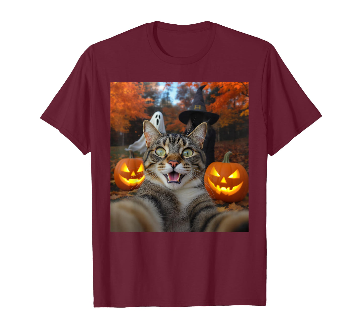 Funny Cat Selfie with a Witch & Ghost Scary Halloween T-Shirt