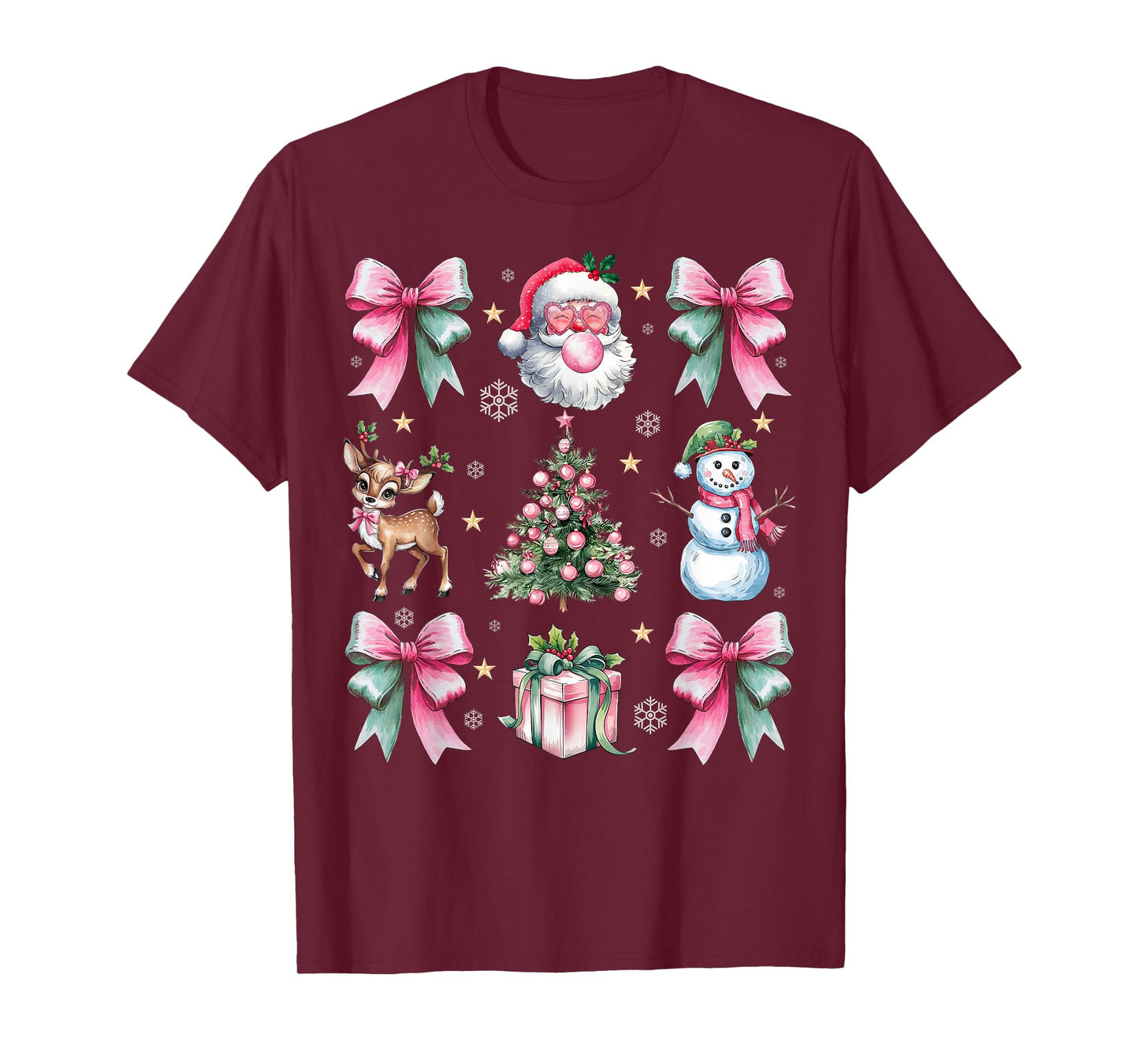 Retro Coquette Bow Pink Christmas Tree Snowman Xmas Pajamas T-Shirt