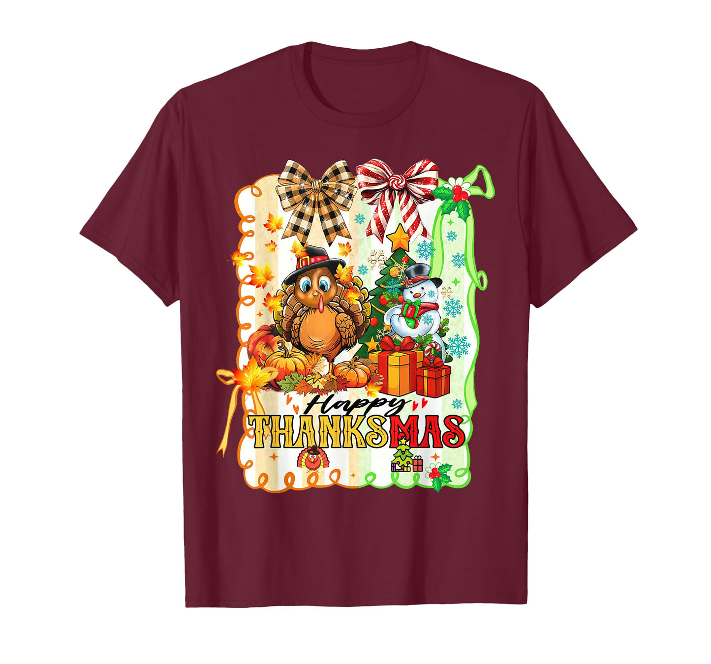 Happy Thanksmas Turkey Thanksgiving Pine Tree Christmas Snow T-Shirt
