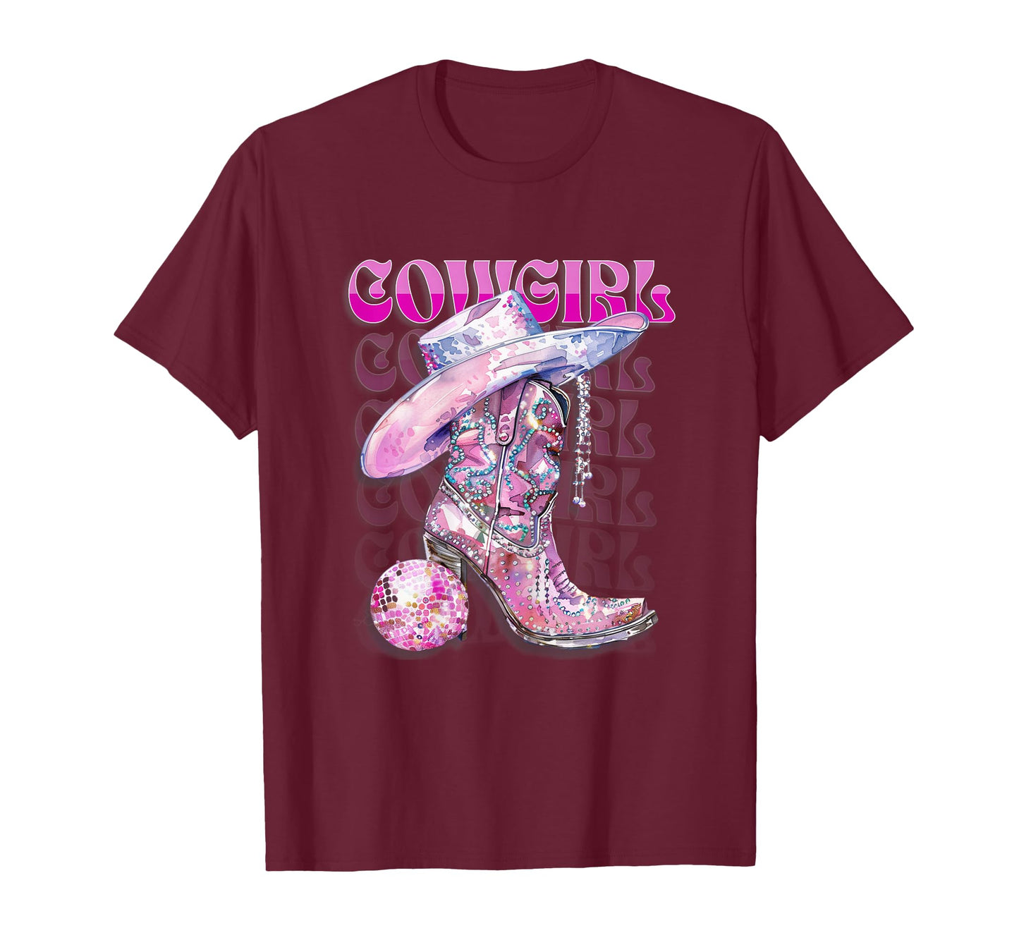 Pink Cowgirl Boots Disco Western Country Cow Girl Coastal T-Shirt