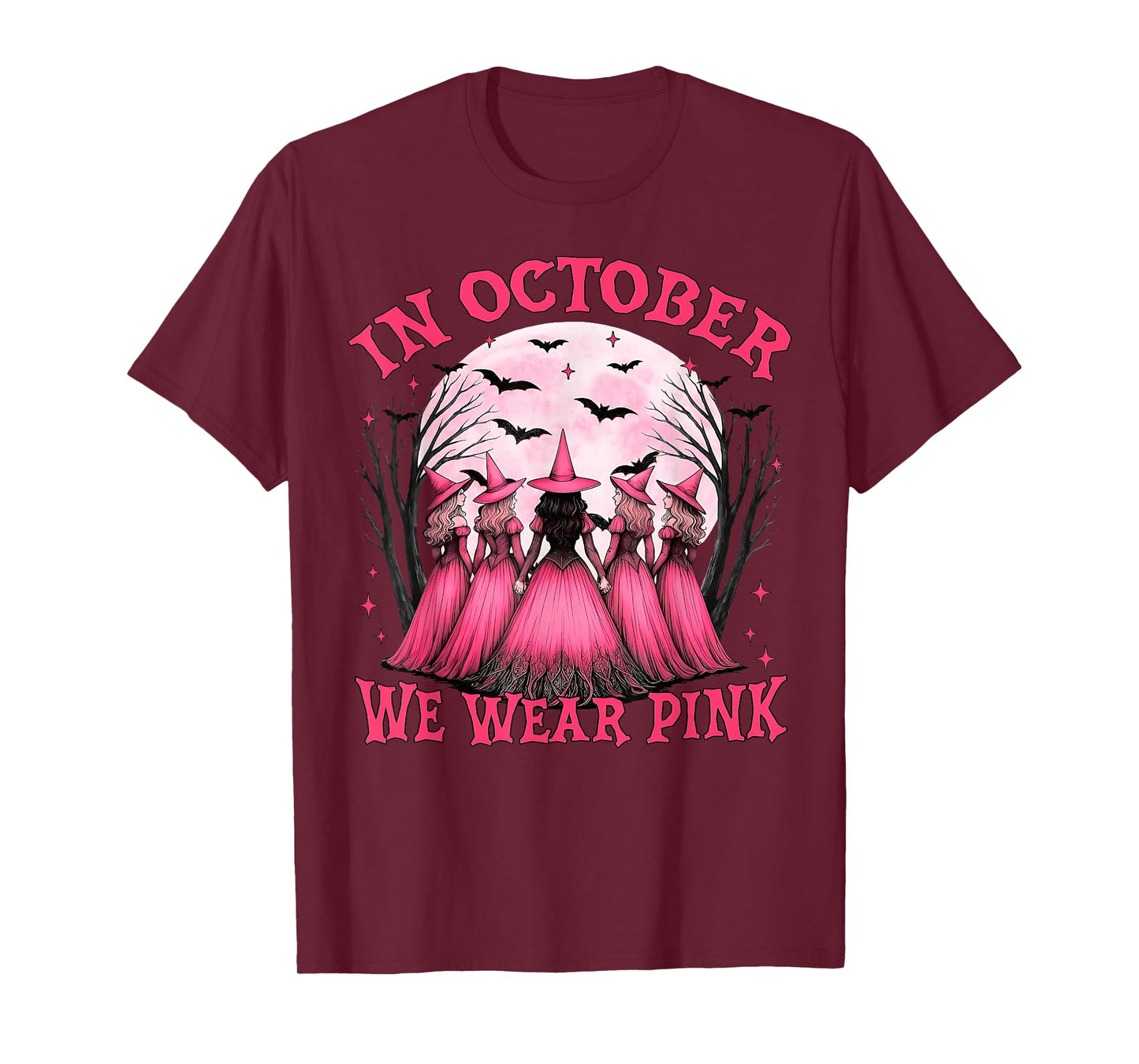 in October We Wear Pink Witch Halloween Breast Cancer Women T-Shirt