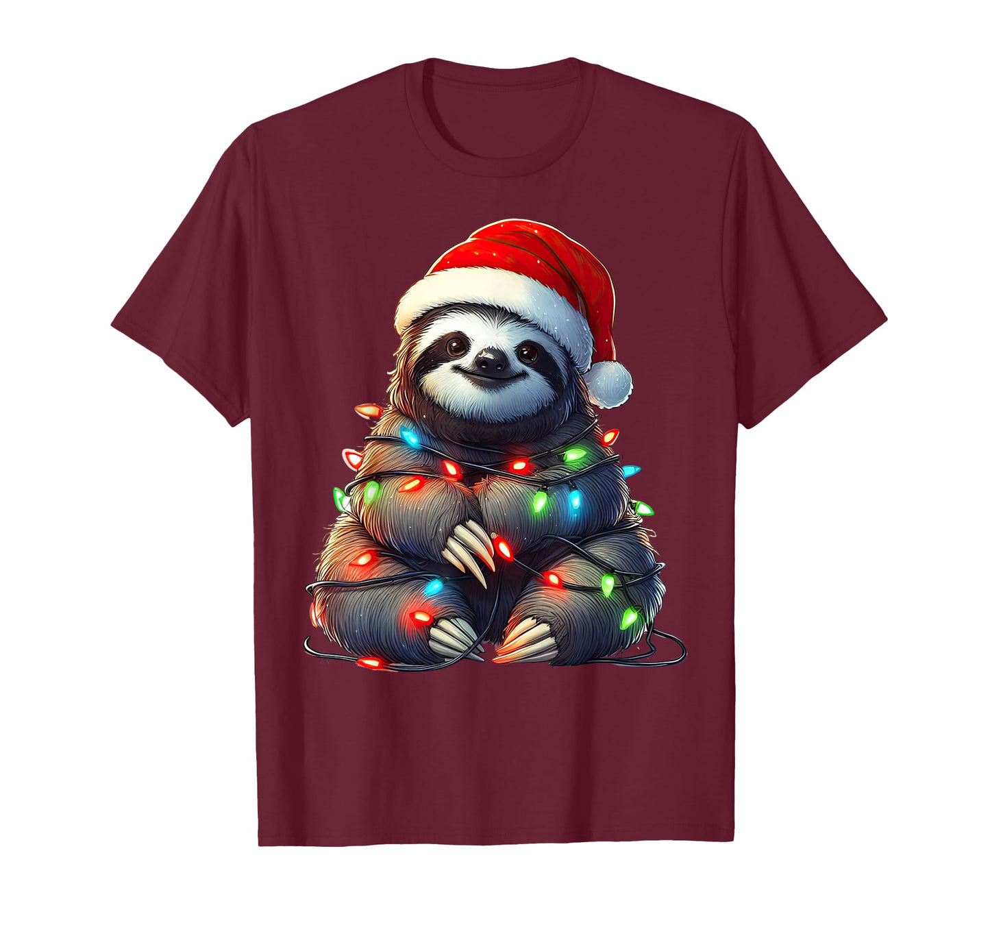 Sloth Christmas Lights Funny Santa Hat Merry Xmas T-Shirt