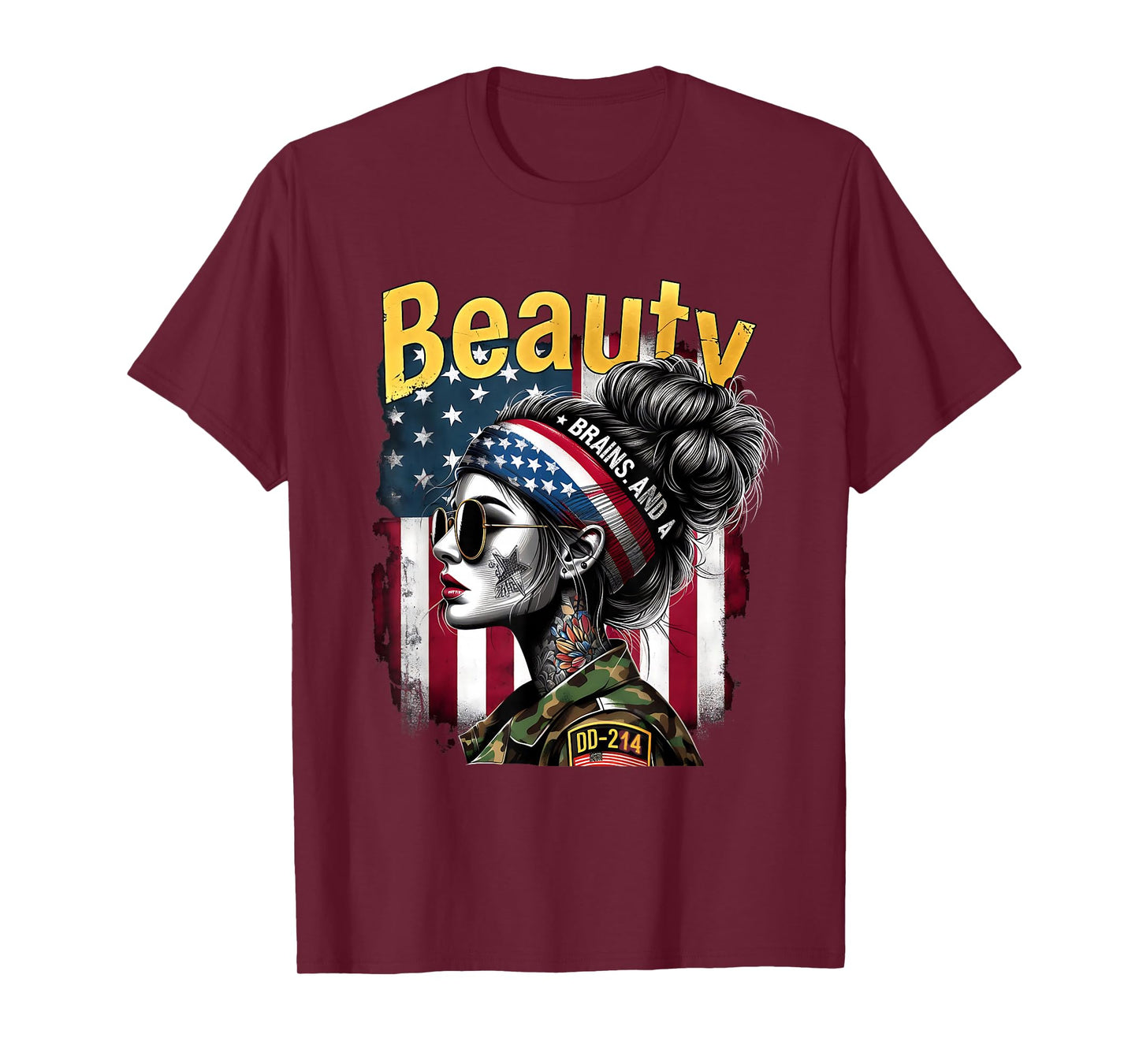 Beauty Brains US Female Veteran Army Floral Vintage T-Shirt
