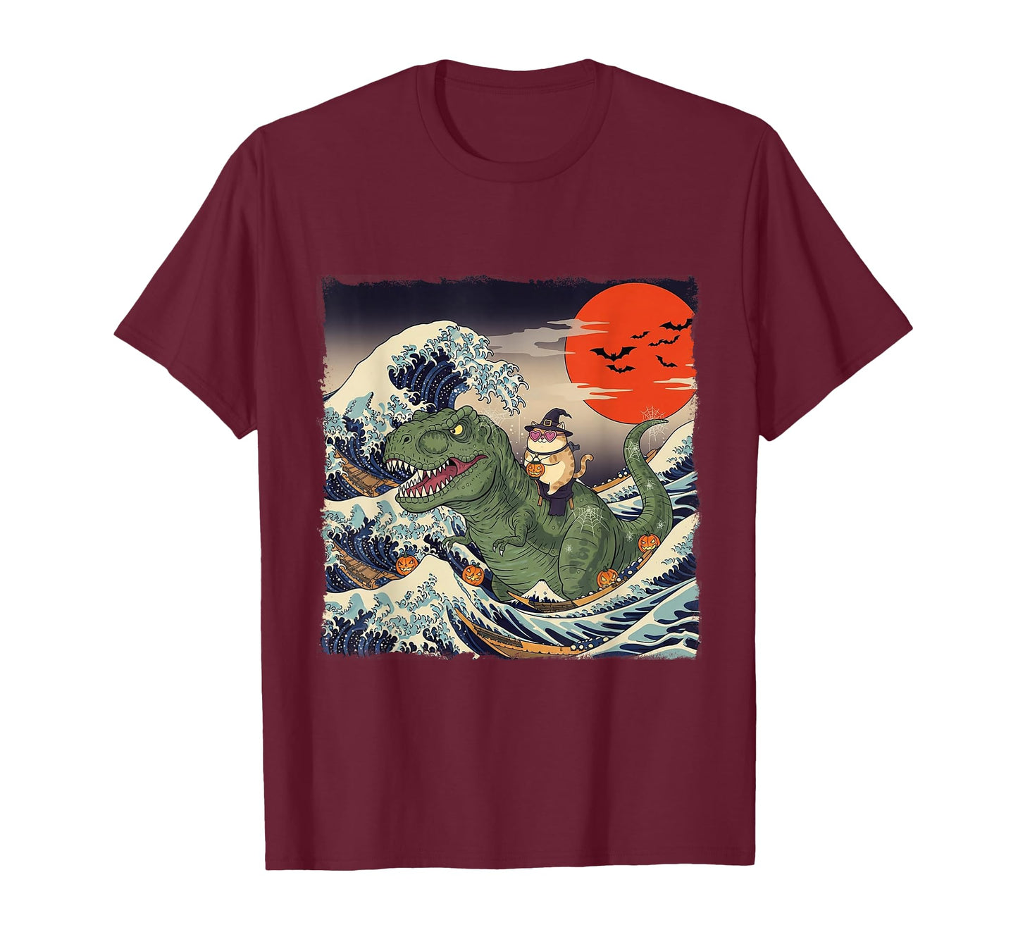Funny Halloween Cat Riding Dinosaur Spooky Ukiyo-e Wave T-Shirt