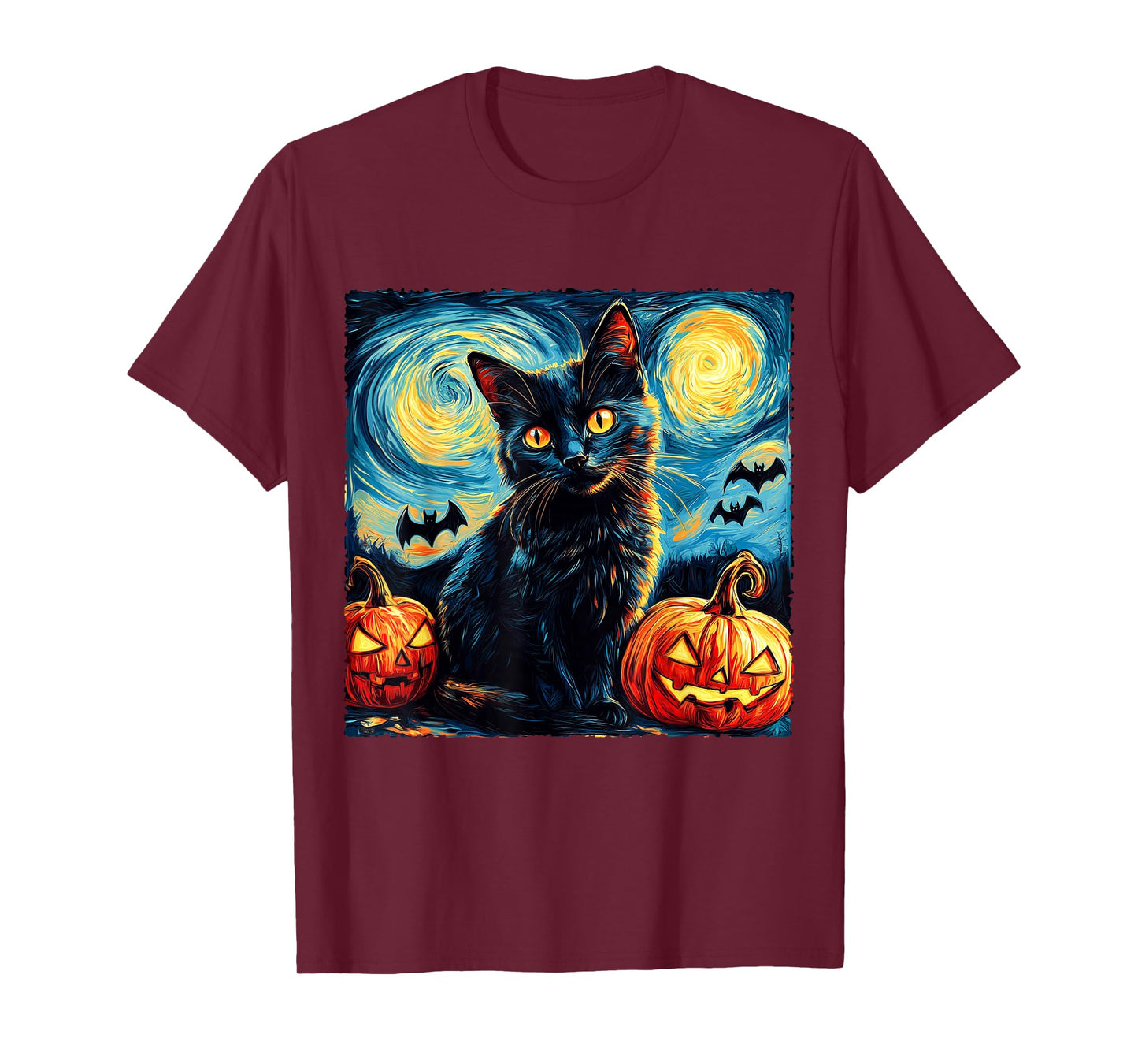 Halloween Van Gogh Starry Night Black Cat Pumpkins Men Women T-Shirt