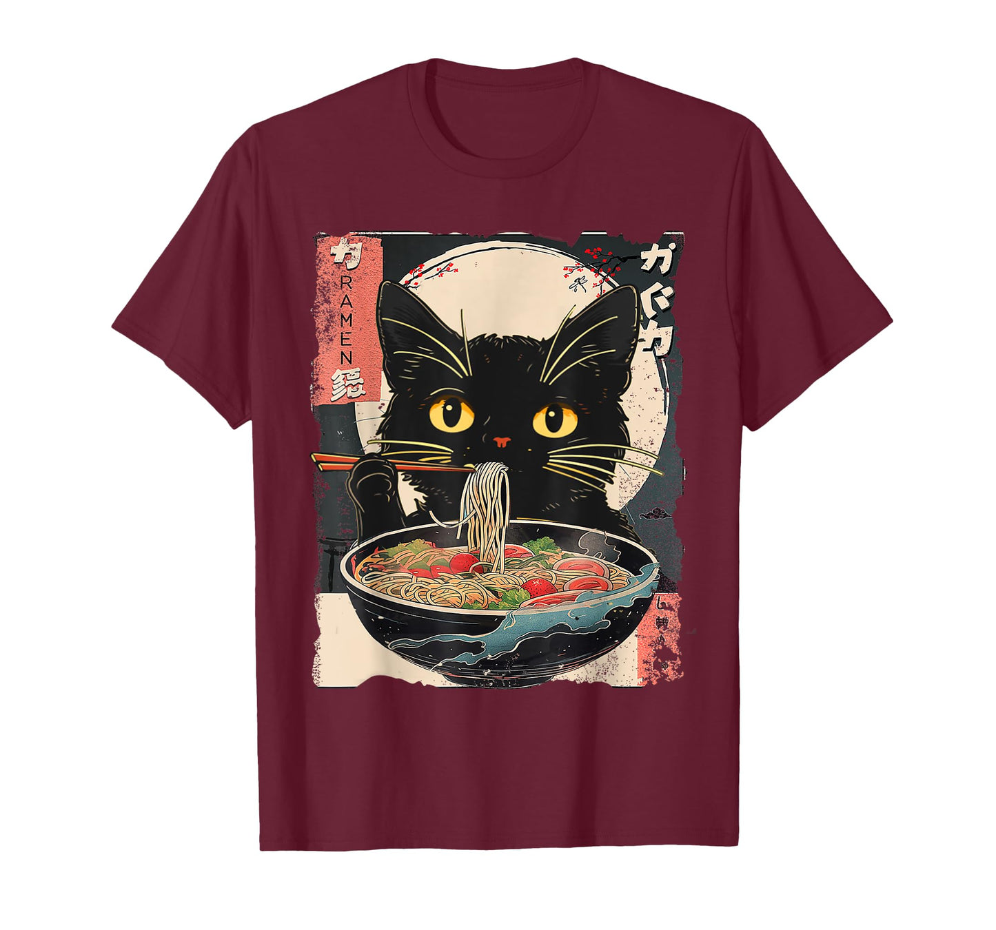 Kawaii Cat Ramen Noodles Anime Gifts Funny Cat Eating Ramen Vintage Japanese Noodles Unisex-Adult T-Shirt, Black, Small, Short Sleeve, T-Shirt, All Seasons