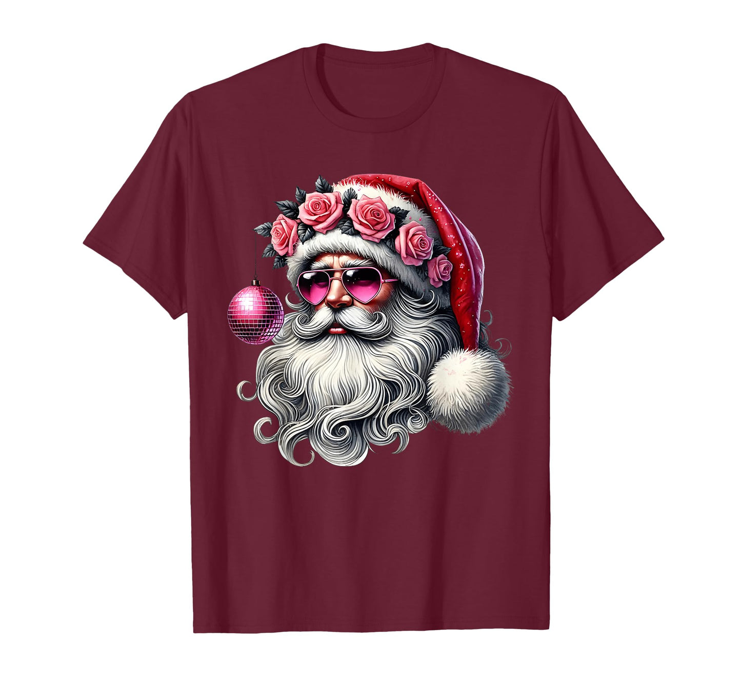 Disco Santa Claus Pink Christmas Roses Sunglasses Santa Xmas T-Shirt