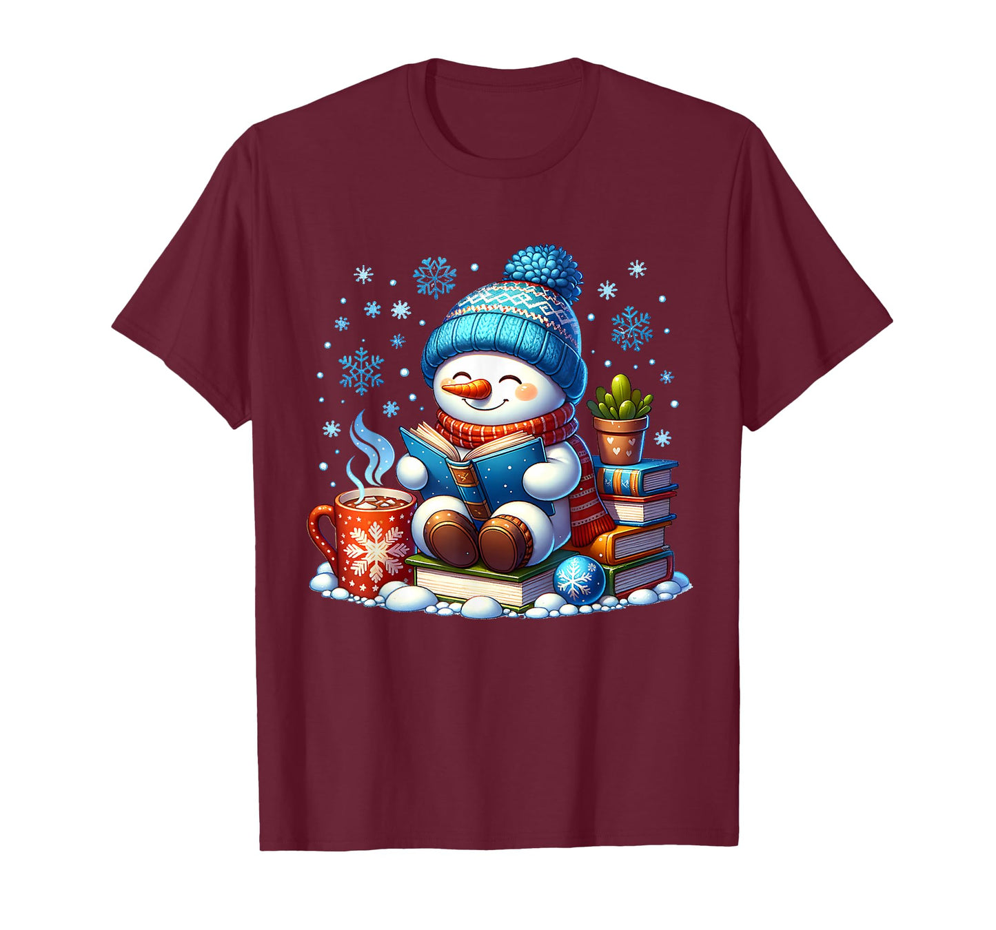 Snowman Reading Book Lovers Christmas Bookworm Librarian T-Shirt
