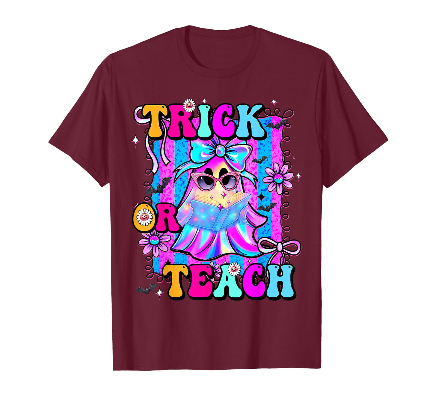 Trick Or Teach Groovy Teacher Retro Ghost Halloween Costume T-Shirt