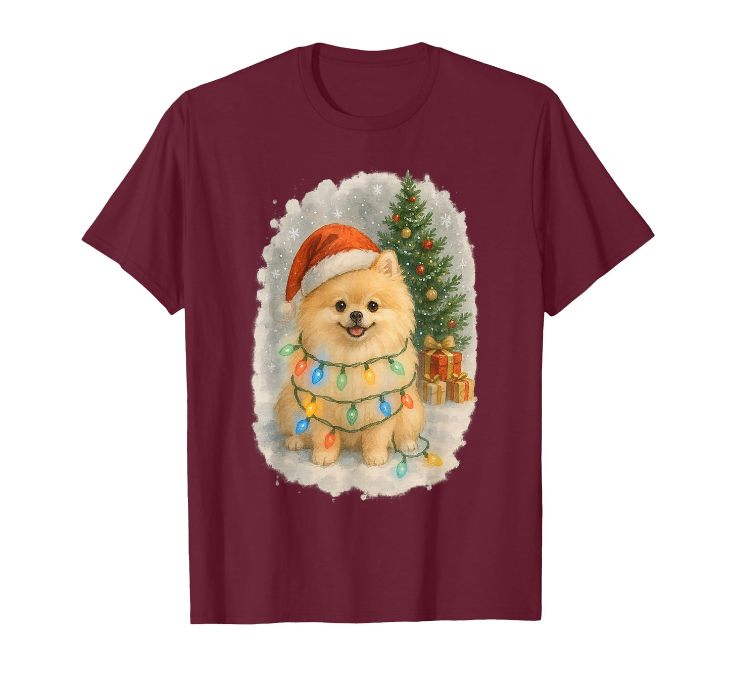 Cute Santa Pomeranian Dog Tangled in Christmas Lights Winter T-Shirt