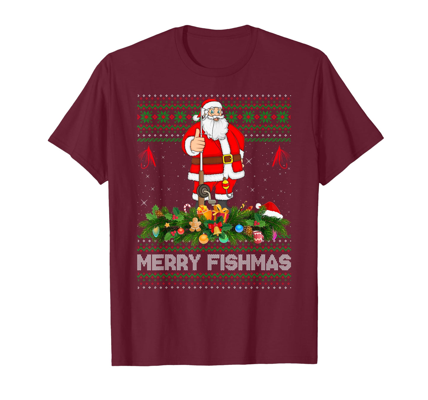 Fishing Santa Ugly Christmas Sweaters Merry Fishmas Xmas T-Shirt