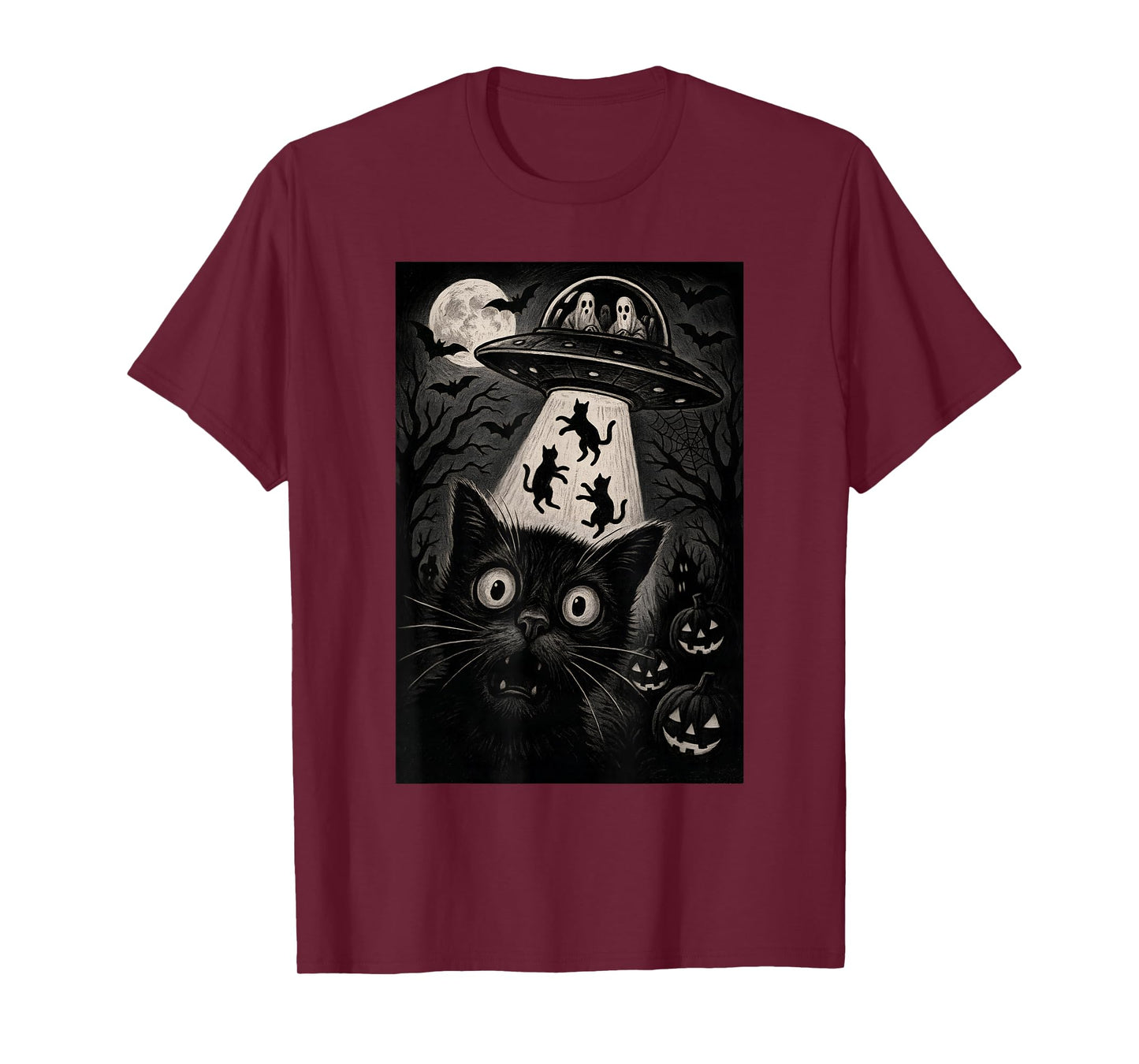 Halloween Cat Selfie Scary Alien Abduction Cats UFO Flying T-Shirt