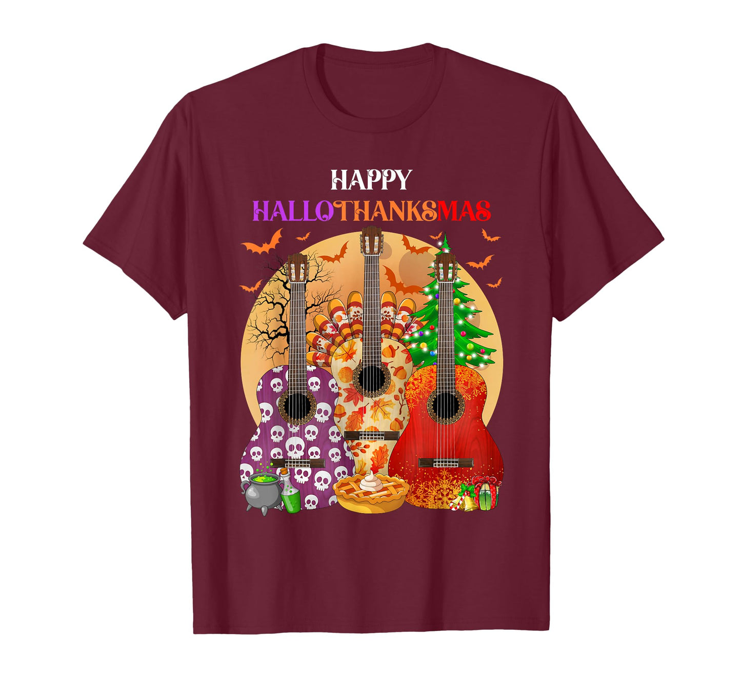 Happy HalloThanksMas Guitar Halloween Thanksgiving Christmas T-Shirt