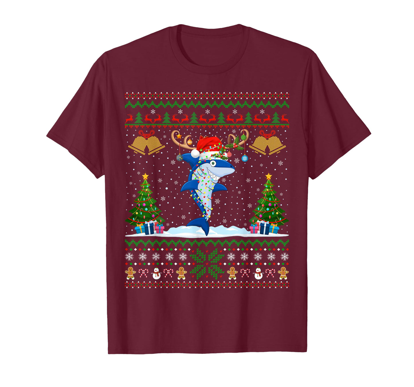 Ugly Xmas Sweater Reindeer Santa Hat Lights Shark Christmas T-Shirt