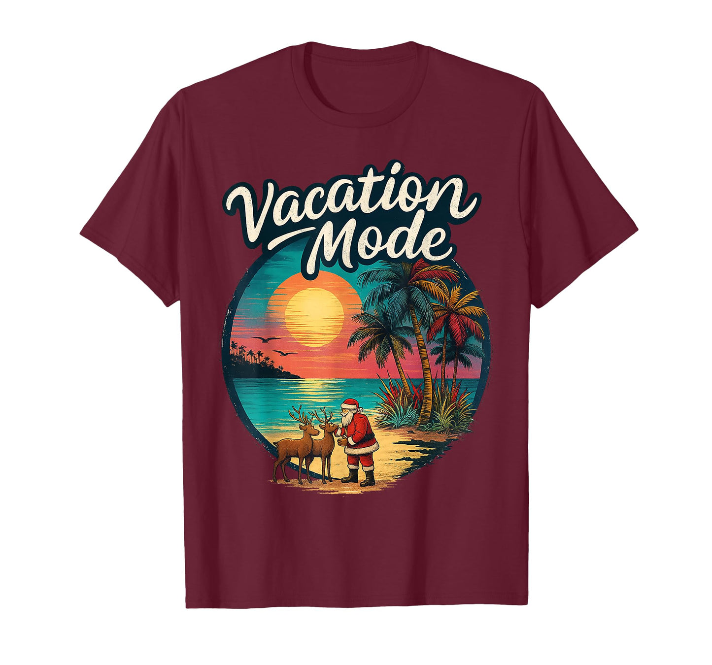 Vacation Mode in Tropical Sunset - Santa with Reindeer T-Shirt