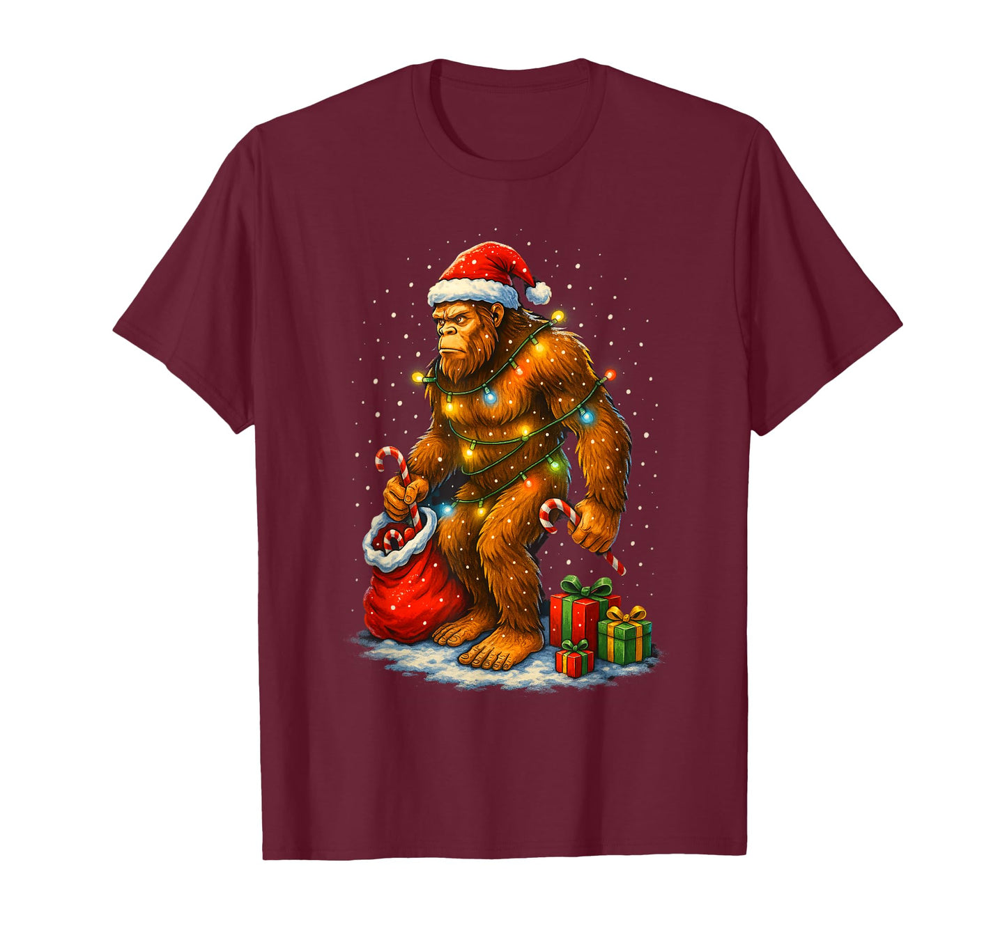 Santa Bigfoot Christmas Lights Funny Sasquatch T-Shirt