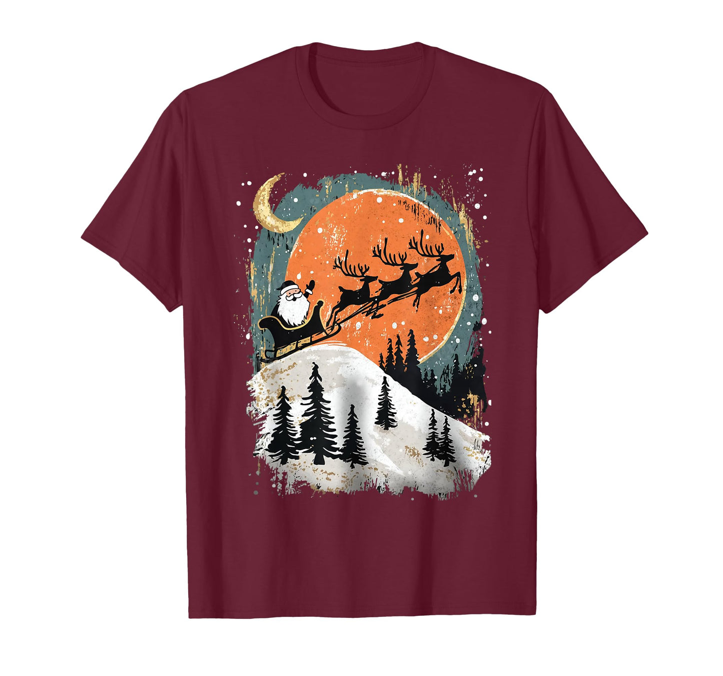 Retro Christmas Santa Reindeer Sleigh Christmas Moon Vintage T-Shirt