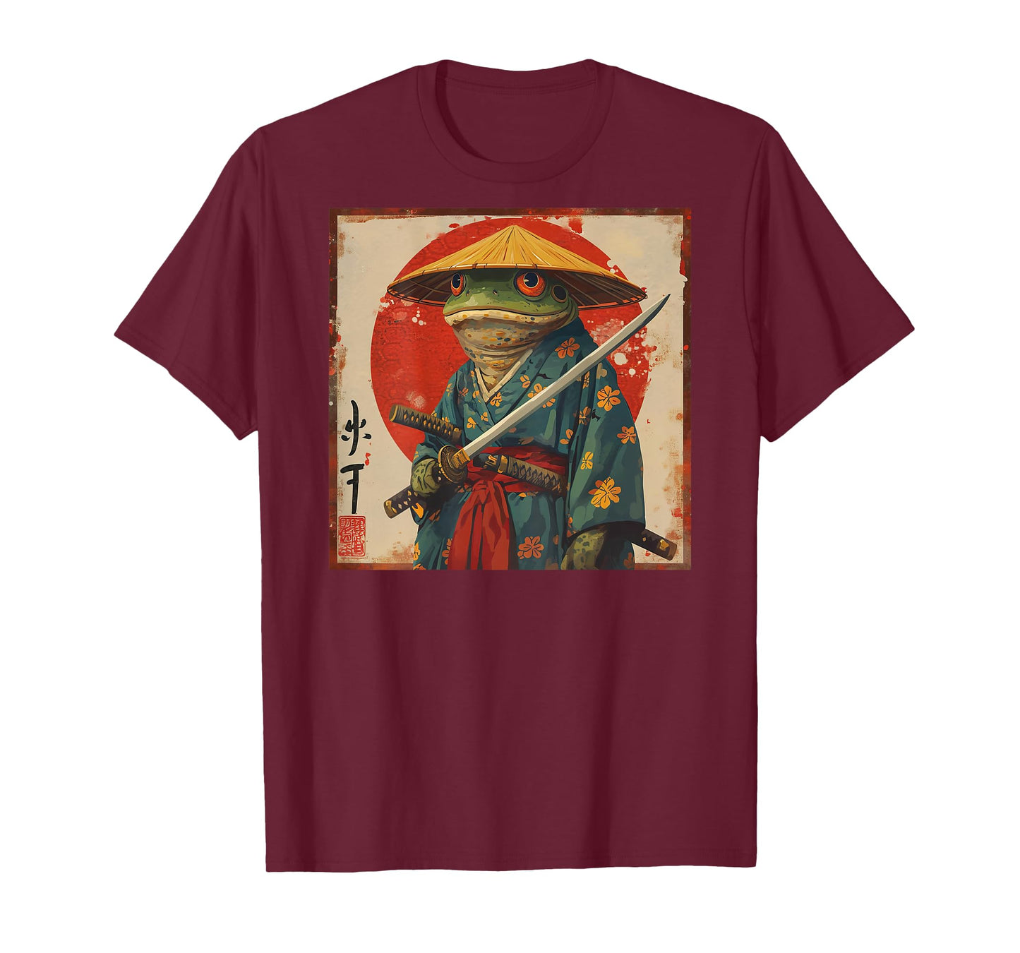 Japanese Woodblock Art: Samurai Frog Japanese kanji on back T-Shirt