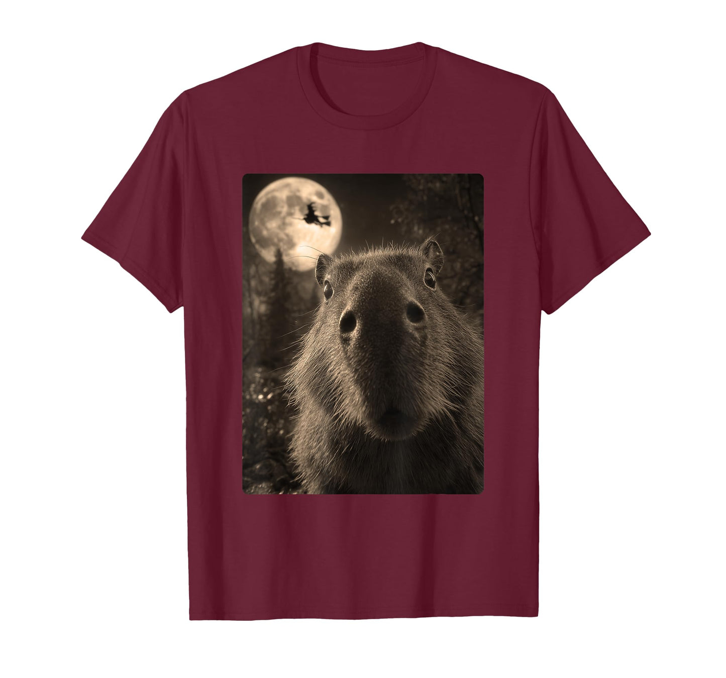 Funny Capybara Selfie Full Moon Flying Witch Halloween T-Shirt