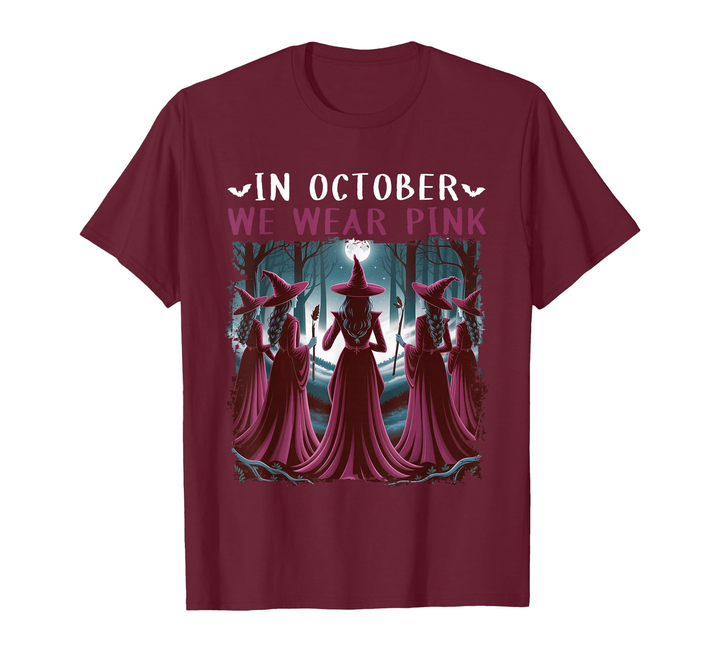 in October We Wear Pink Witch Halloween Breast Cancer Women T-Shirt