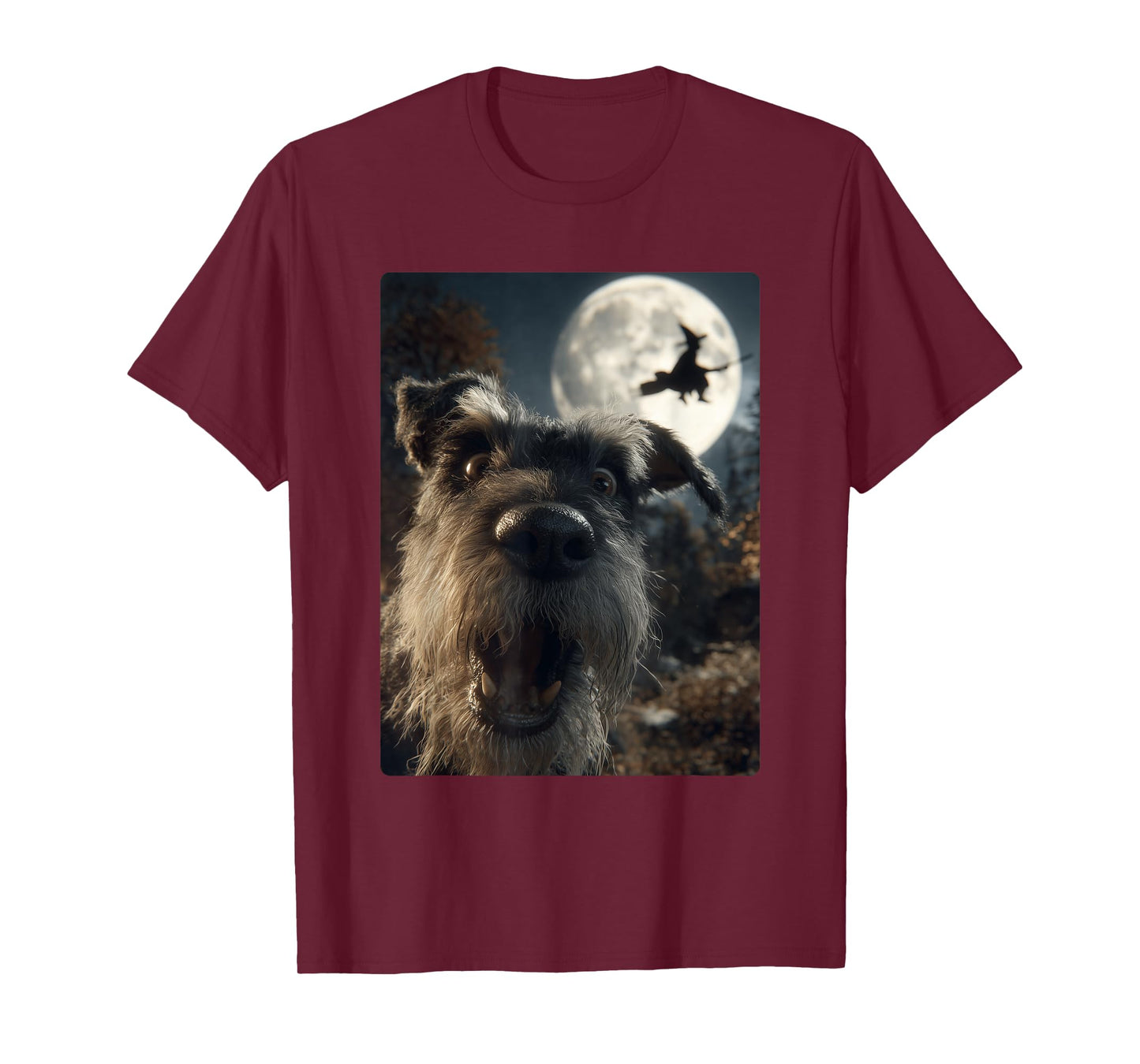 Funny Schnauzer Selfie Full Moon Flying Witch Halloween Dog T-Shirt