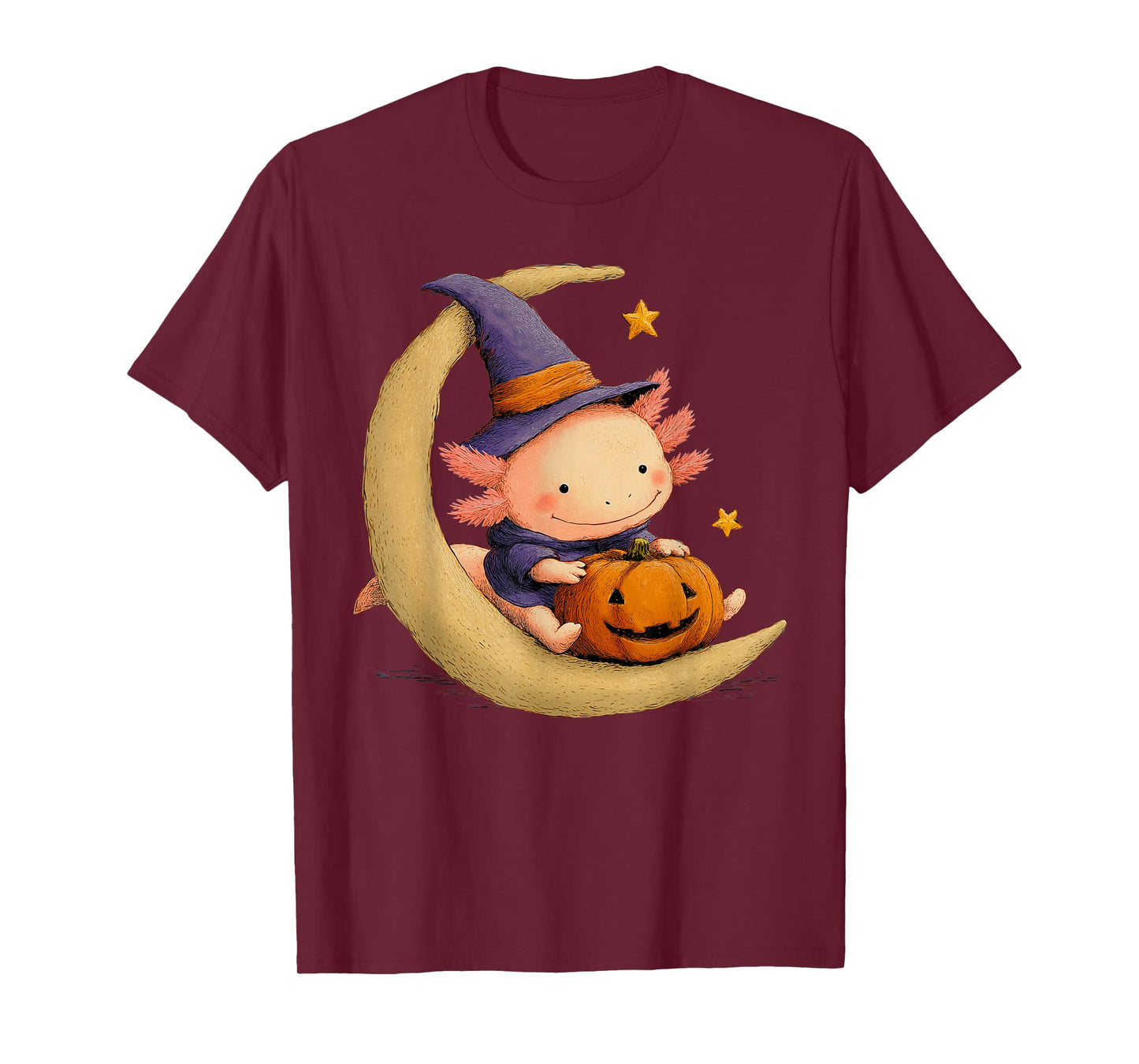 Cute Axolotl Spooky Witch on The Moon Pumpkin Face Kids Girl T-Shirt