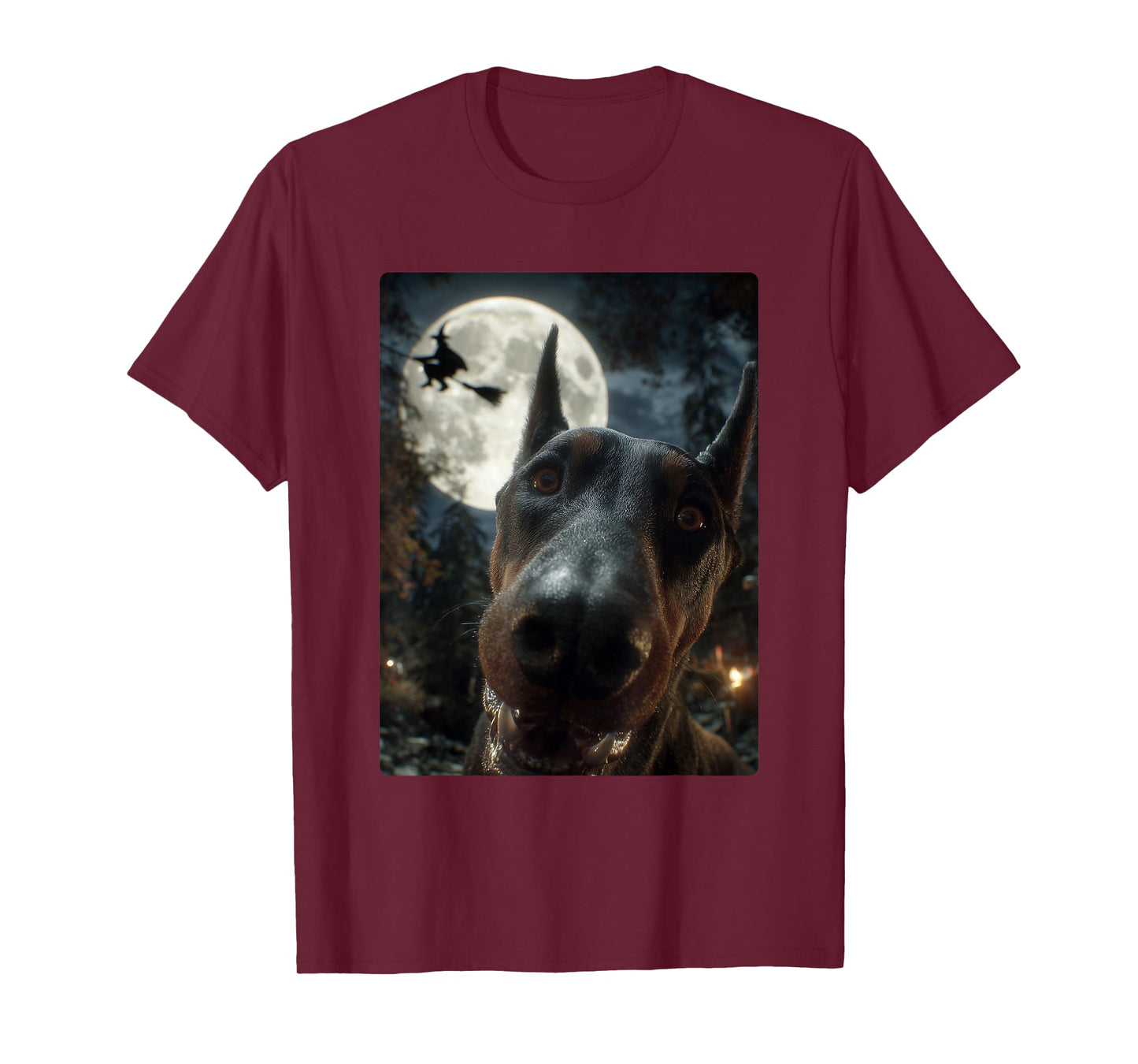 Funny Doberman Selfie Full Moon Flying Witch Halloween Dog T-Shirt
