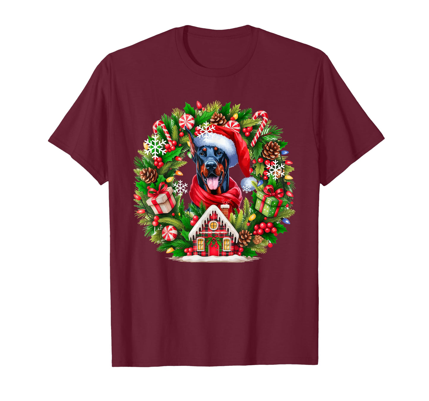 Santa Dobermann Christmas Floral Circle Matching Owner Kids T-Shirt
