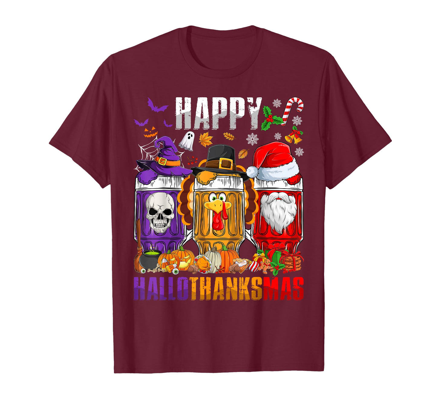 Happy Hallothanksmas Beer Halloween Thanksgiving Christmas T-Shirt