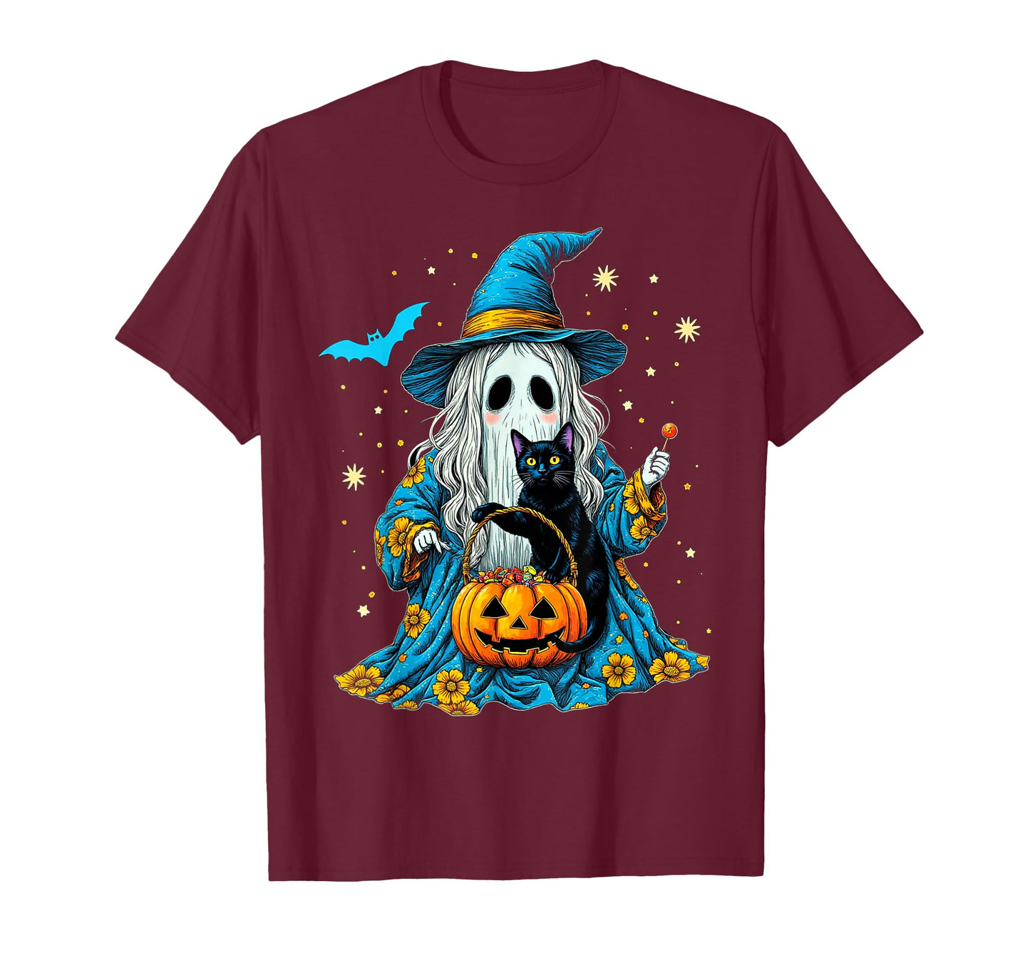 Ghost Holding Black Cat Lover Halloween 2025 Groovy Floral T-Shirt