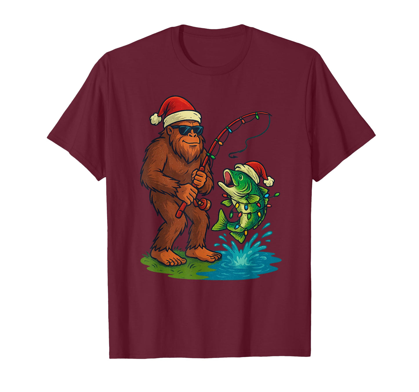 Sasquatch Fishing Christmas Vintage Fish Funny Xmas T-Shirt