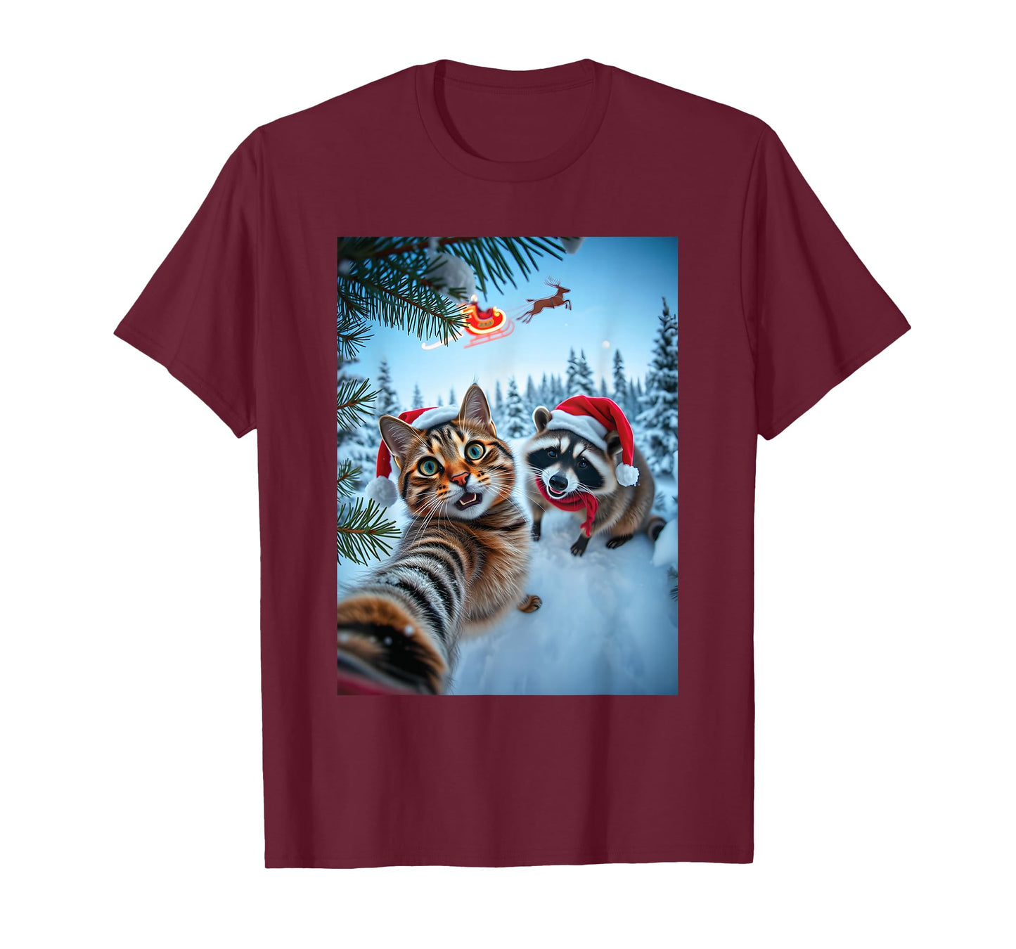 Funny Christmas Santa Raccoon Cat Selfie for Men Women T-Shirt