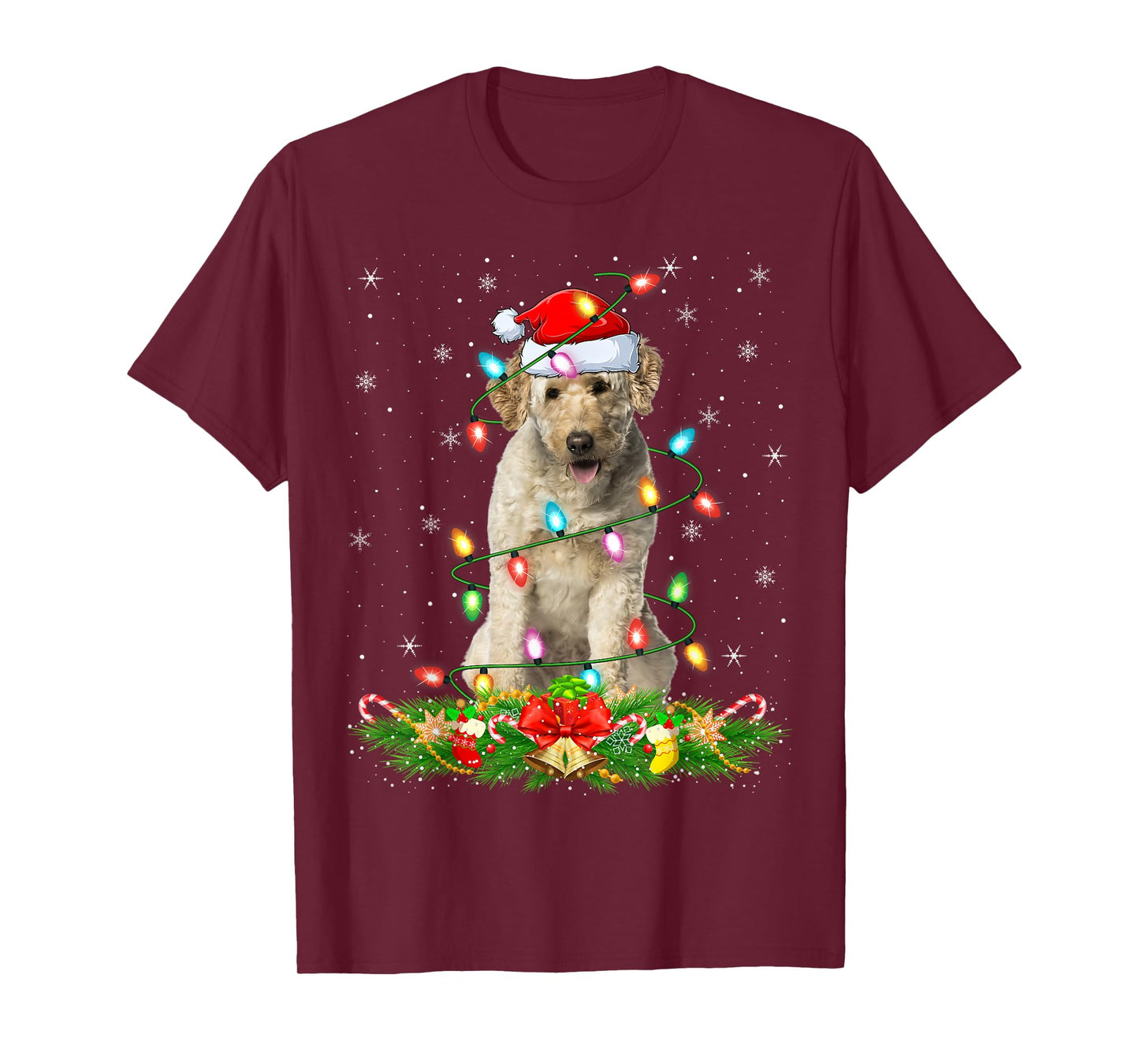 Labradoodle Dog Christmas Lights Funny Santa Hat Xmas T-Shirt