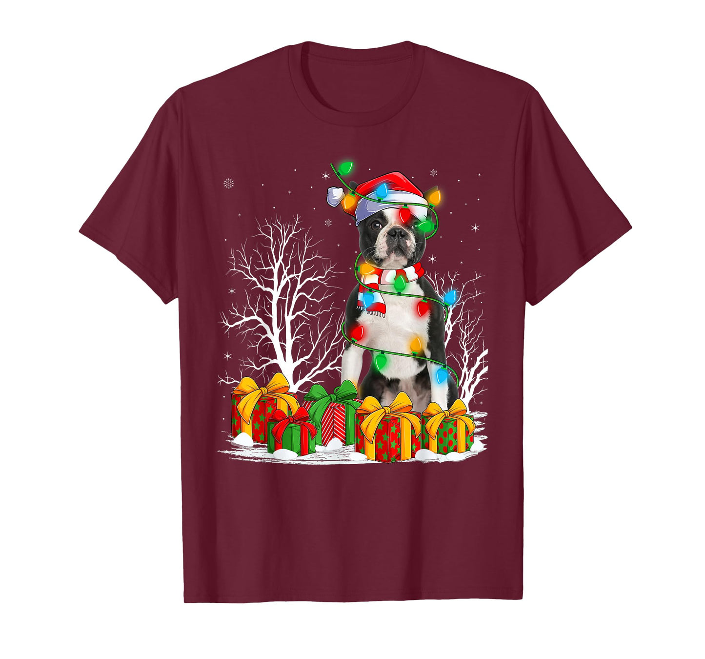 Boston Terrier Dog Christmas Lights Decor Holiday Santa Xmas T-Shirt
