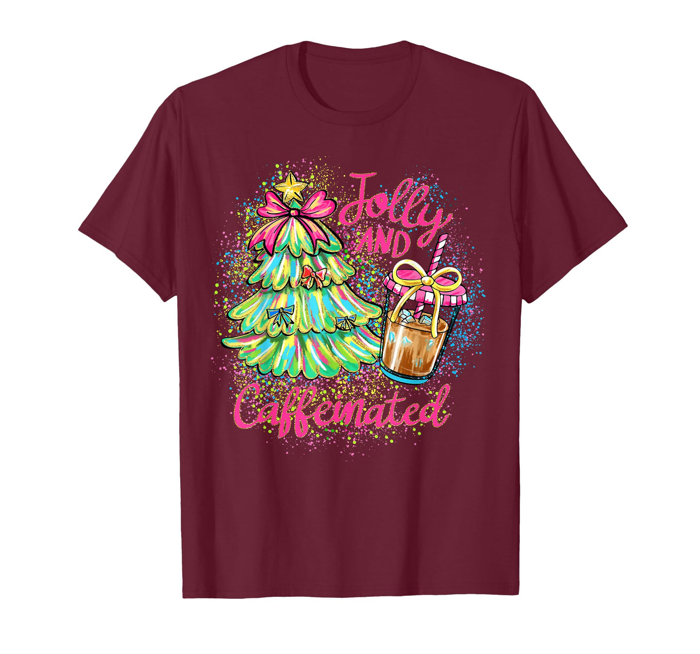 Jolly and Caffeinated Christmas Tree Coquette Bow Coffee T-Shirt