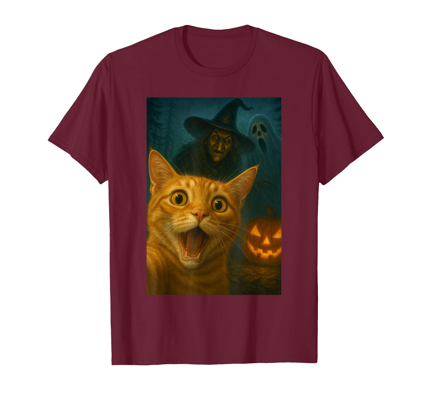 Scared Cat Pumpkin Halloween Spooky Night Funny Humor Tee T-Shirt