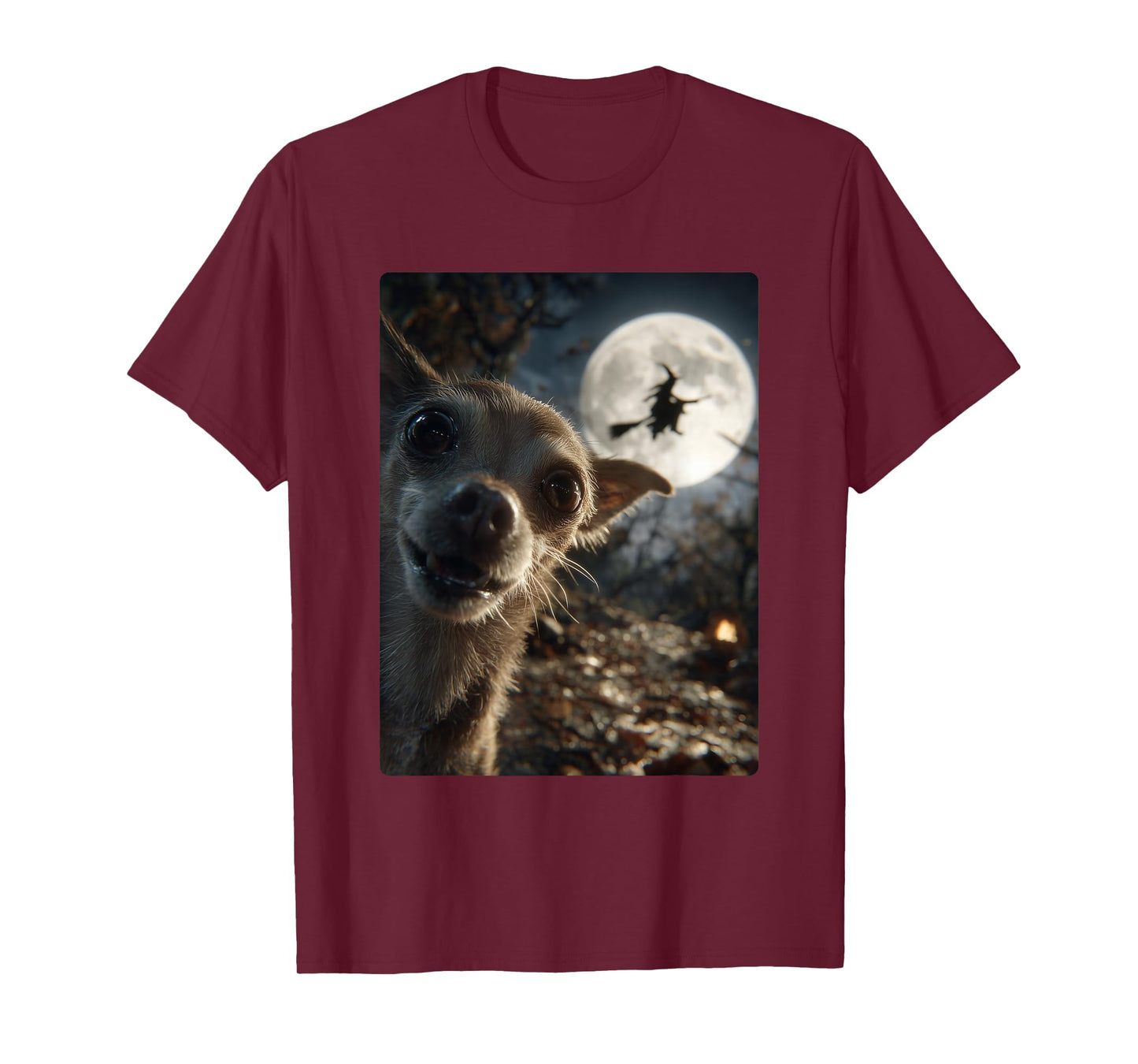 Funny Chihuahua Selfie Full Moon Flying Witch Halloween Dog T-Shirt