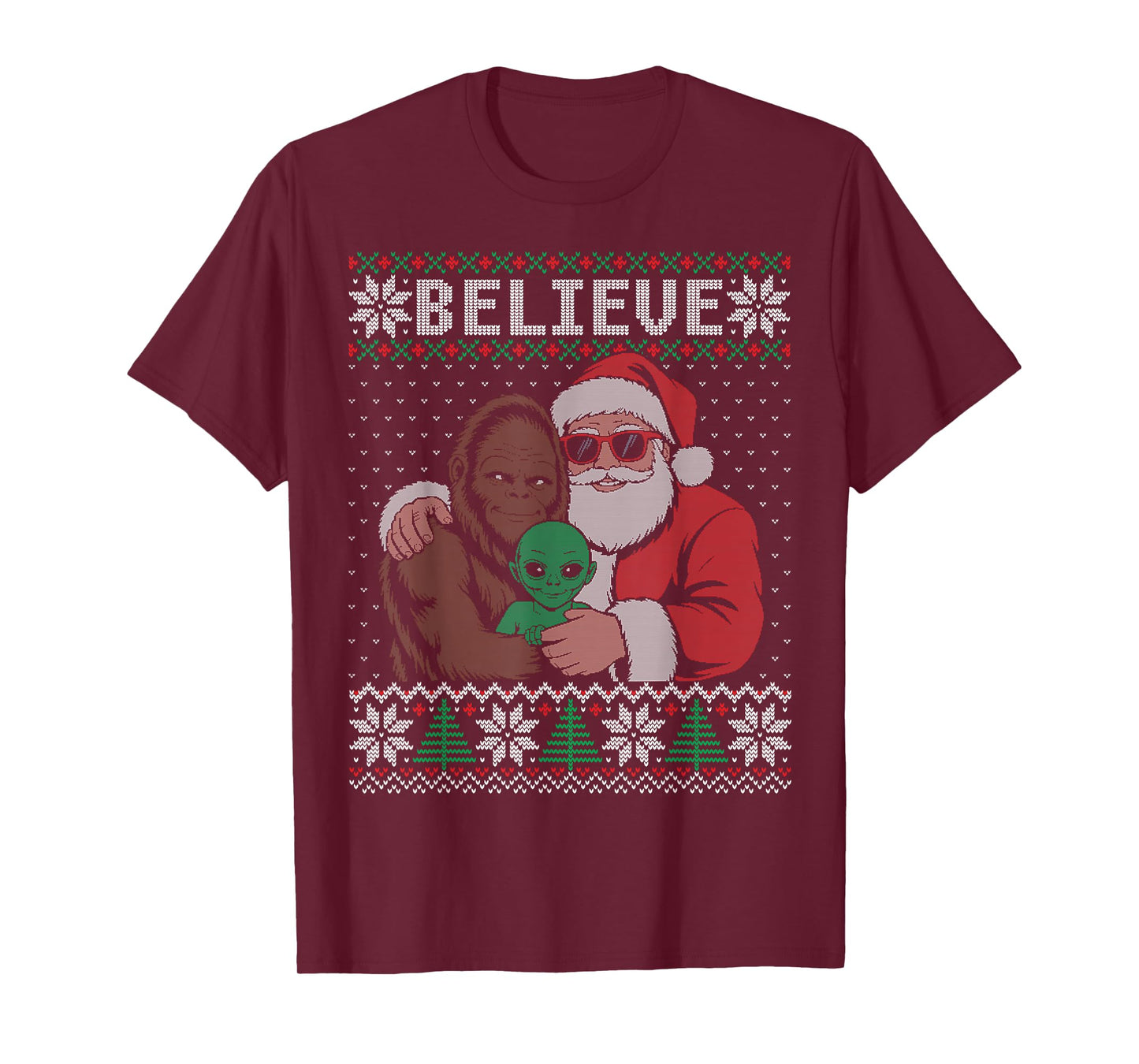 Believe Santa Bigfoot Alien Christmas Ugly Sweater Funny T-Shirt