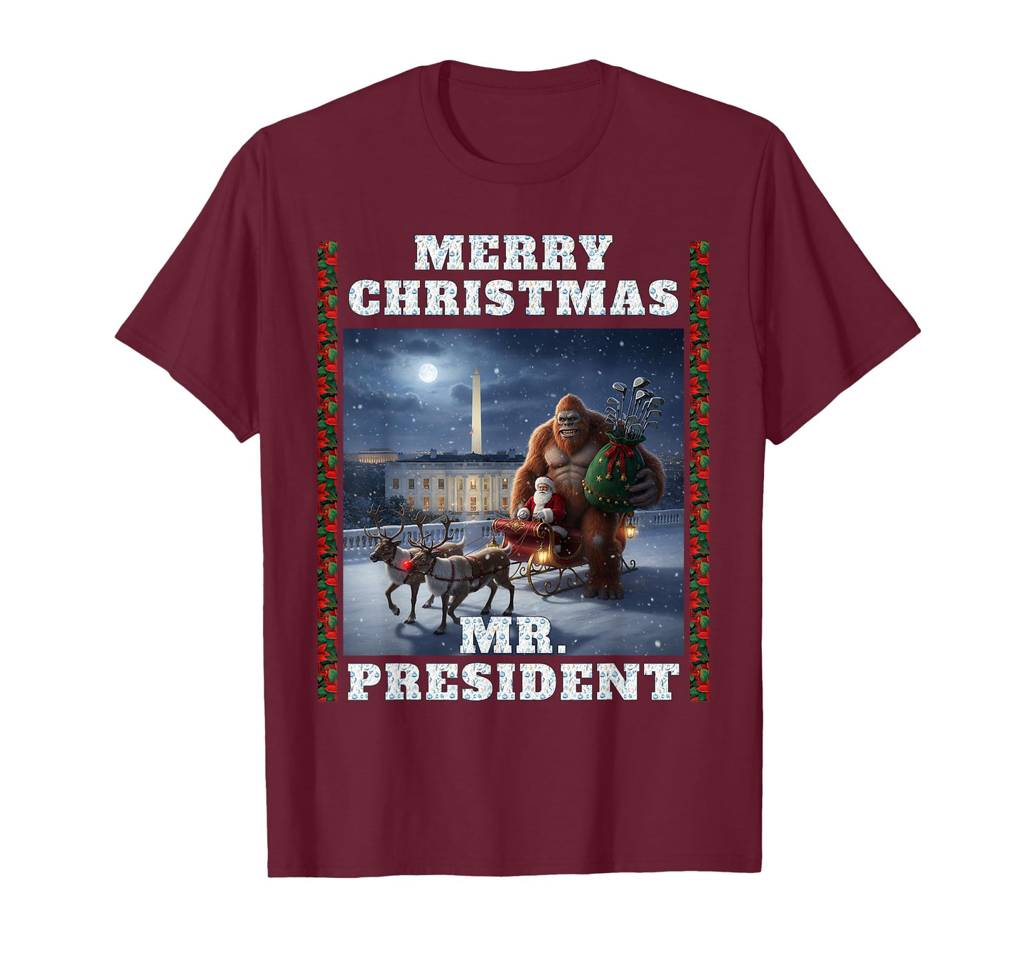 Bigfoot Santa Golf Clubs Merry Christmas Mr President Sleigh T-Shirt