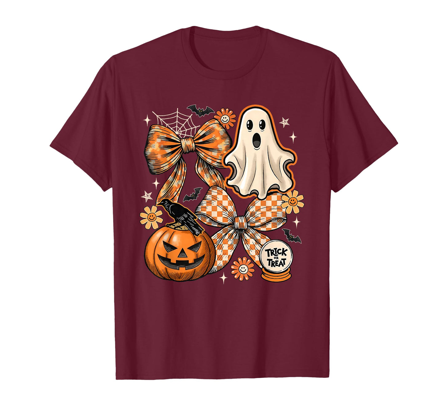 Funny Halloween Ghost Coquette Floral Fall Pumpkin Bow T-Shirt
