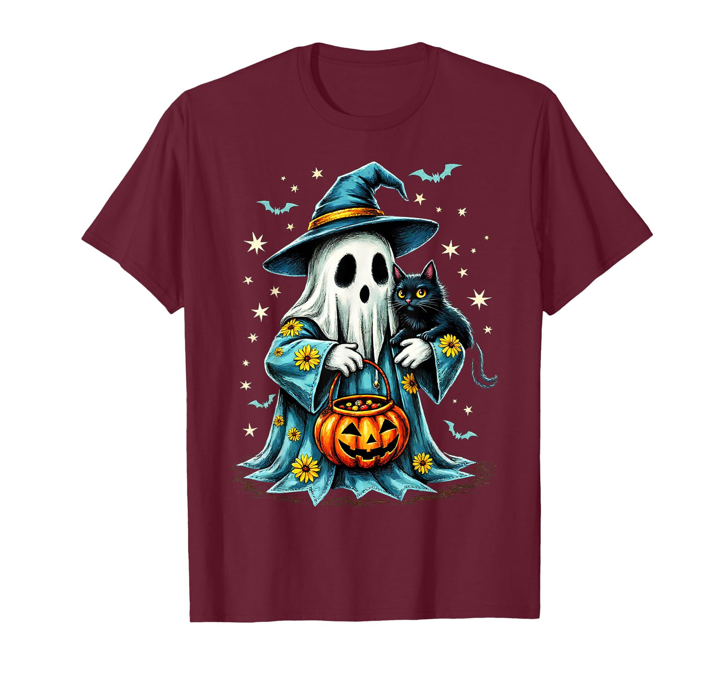 Ghost Holding Black Cat Lover Halloween 2025 Groovy Floral T-Shirt